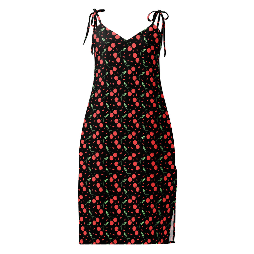 Women’s black mini cherry slip dress with adjustable tie straps side slit and built-in bra in lightweight fabric