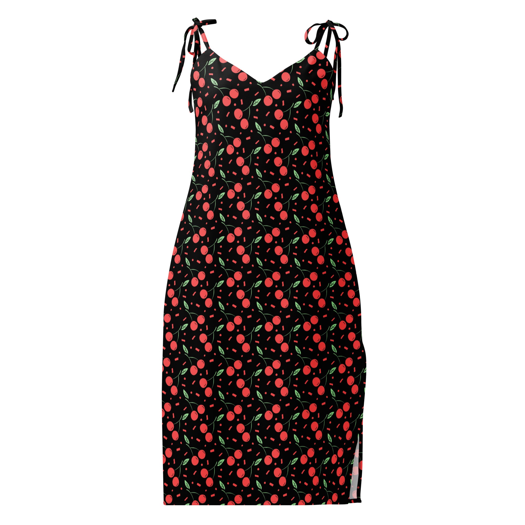 Women’s black mini cherry slip dress with adjustable tie straps side slit and built-in bra in lightweight fabric