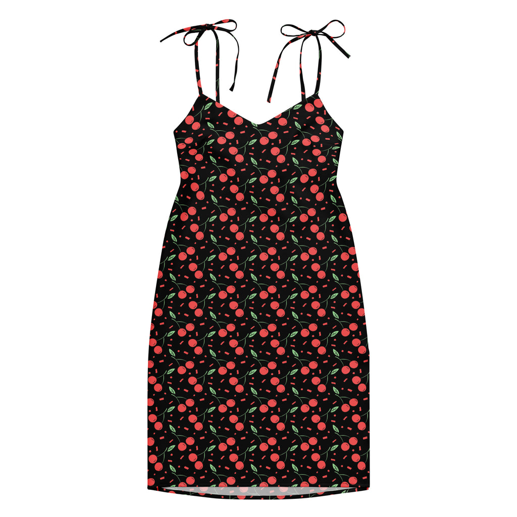 Women’s black mini cherry slip dress with red cherries green leaves adjustable tie straps and built in bra on black background