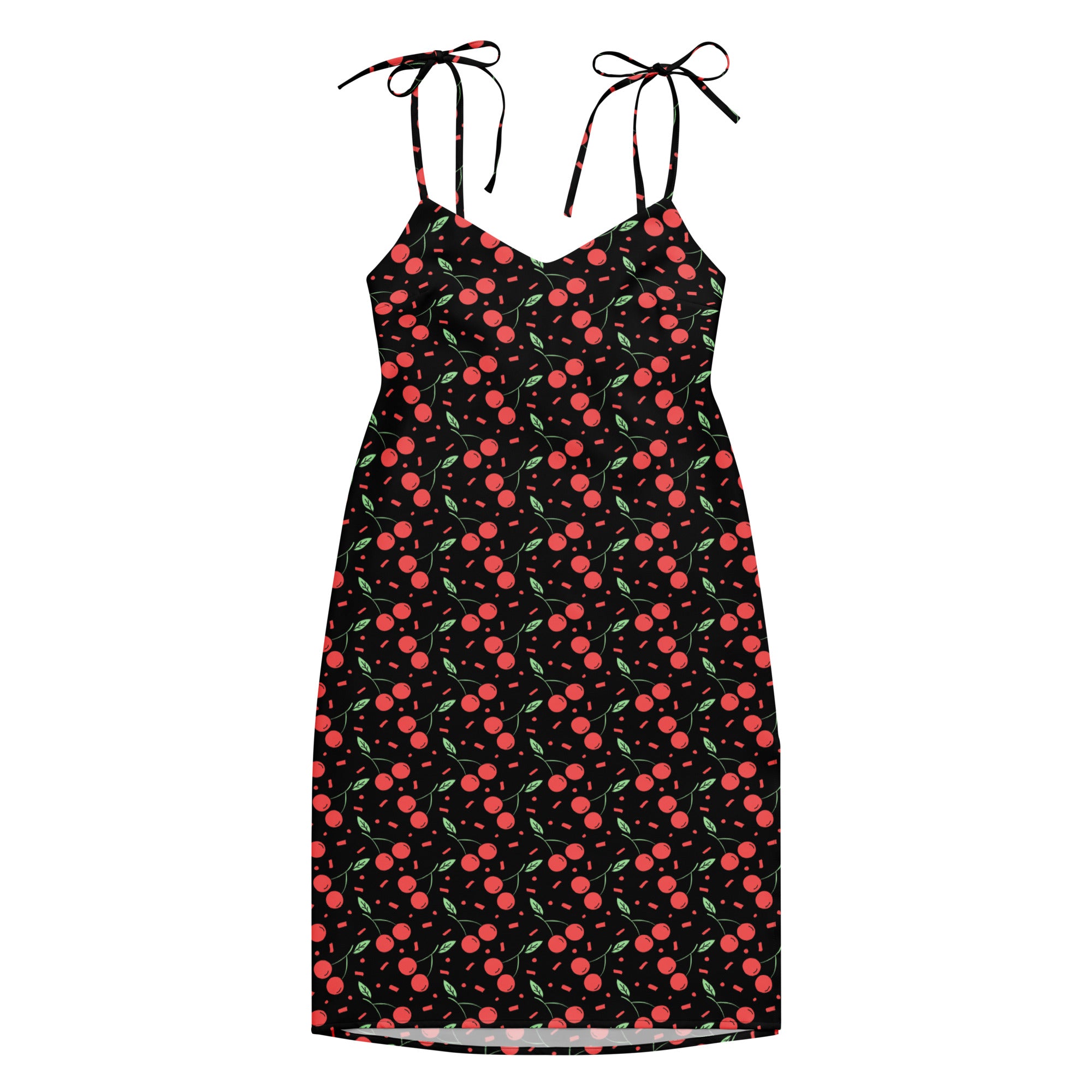 Women’s black mini cherry slip dress with red cherries green leaves adjustable tie straps and built in bra on black background