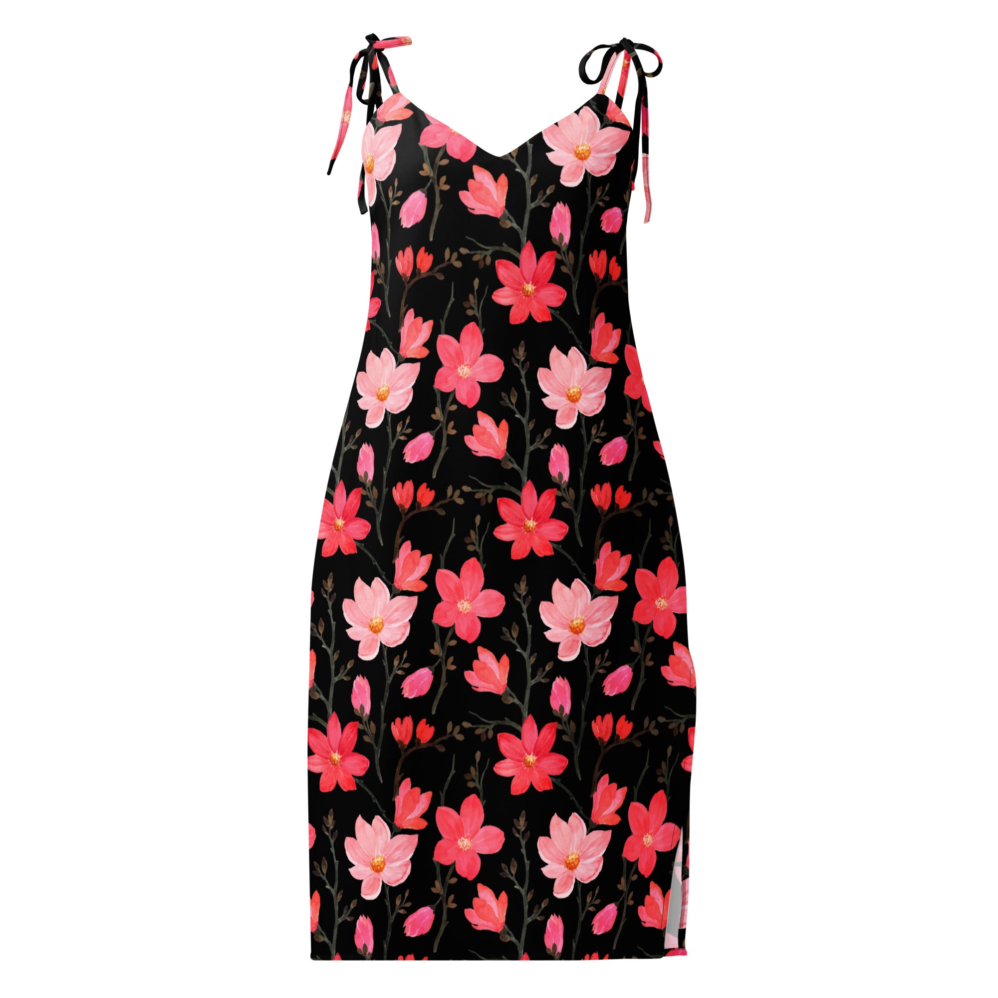 Women’s black floral print midi slip dress with pink and red blossoms and adjustable delicate tie straps