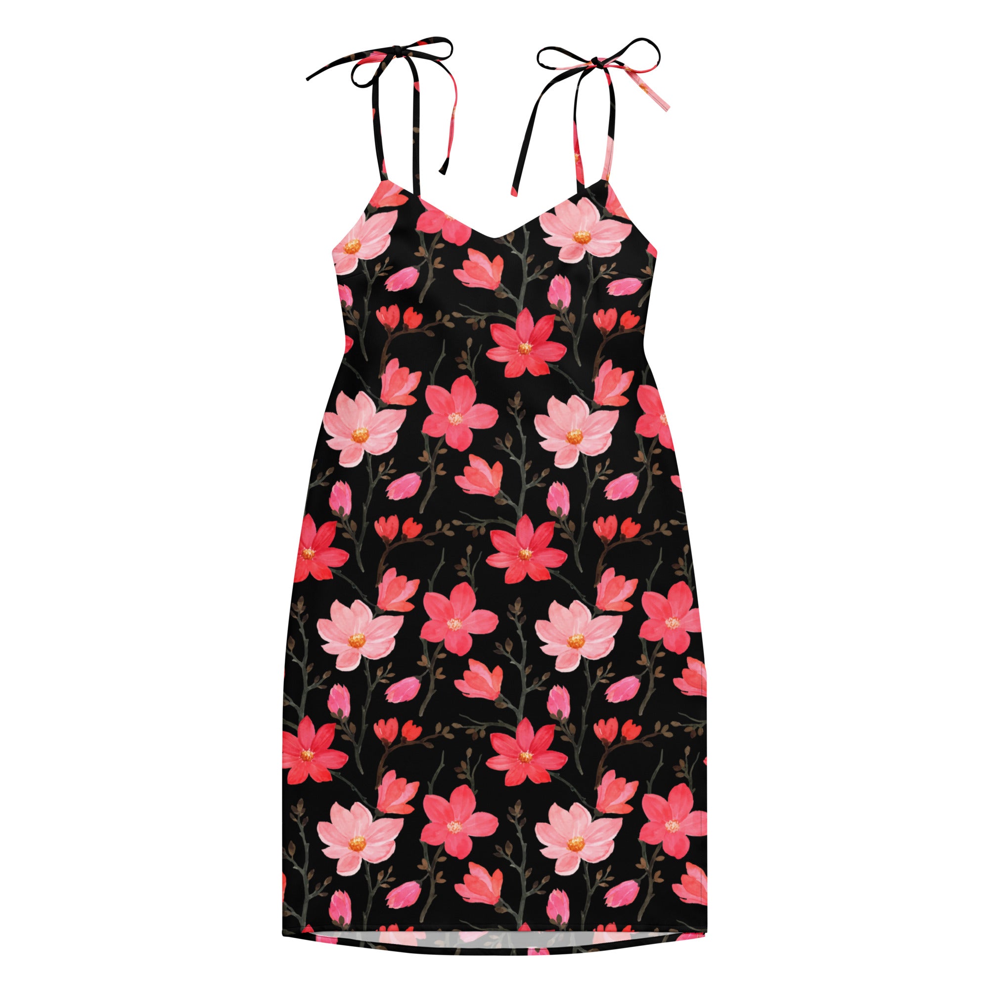 A black floral print midi sundress with adjustable tie straps and built in bra featuring pink and red blossoms