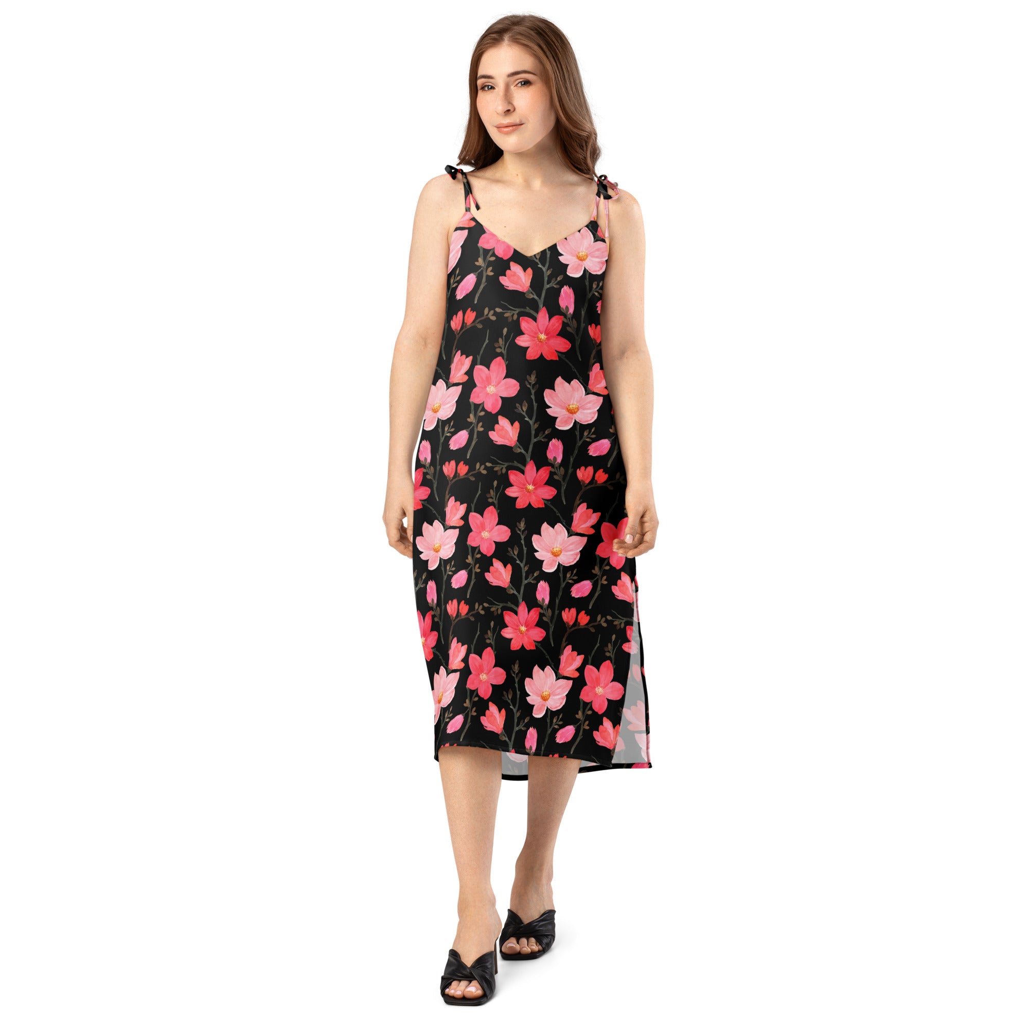 Women’s black floral print midi slip dress with pink and red blossoms thin adjustable tie straps and built in bra