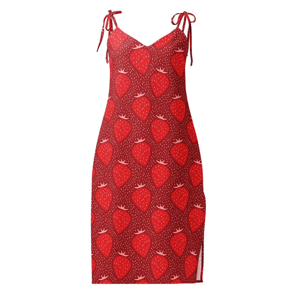 Women’s red strawberry slip midi dress with adjustable tie shoulder straps and side slit with built-in bra