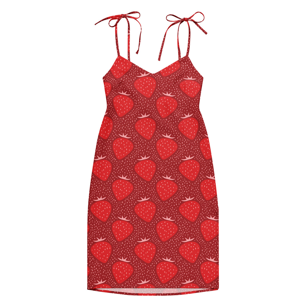 Women’s red strawberry slip midi dress with spaghetti strap shoulder ties and built in bra detail