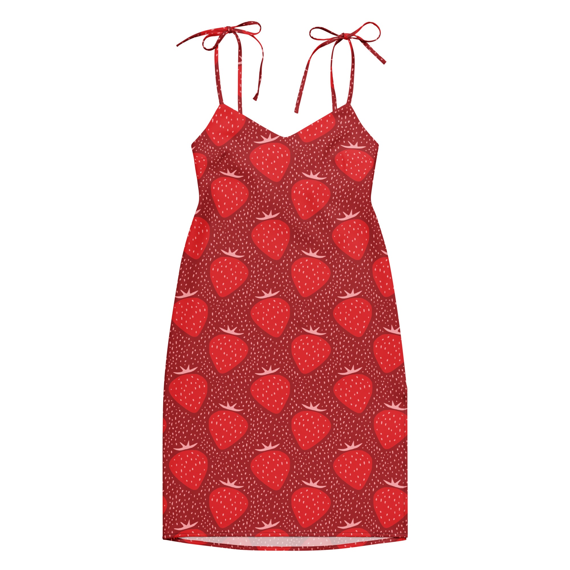 Women’s red strawberry slip midi dress with spaghetti strap shoulder ties and built in bra detail