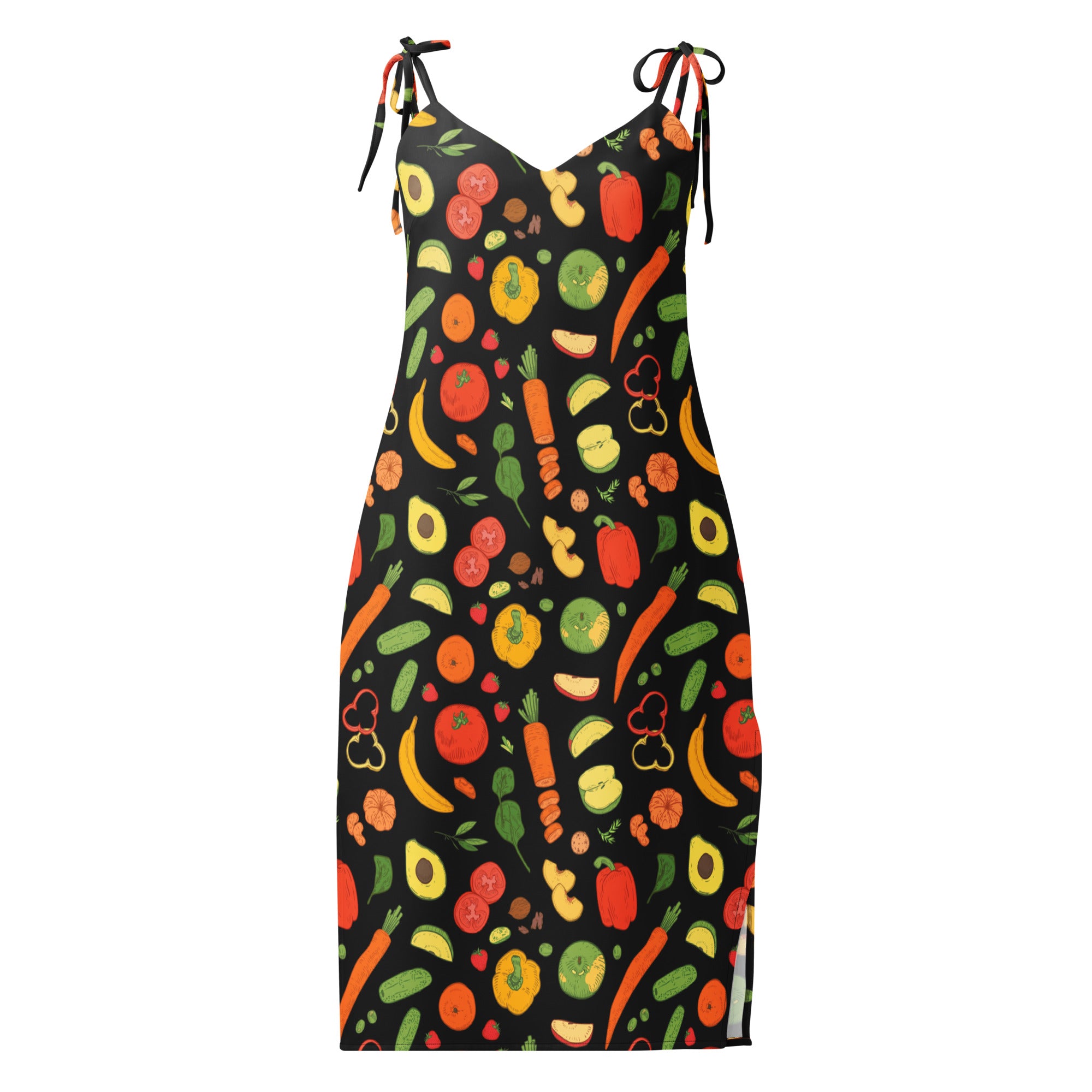 Women’s black sleeveless midi slip dress with colorful cartoon vegetable and fruit print adjustable tie straps and built in bra