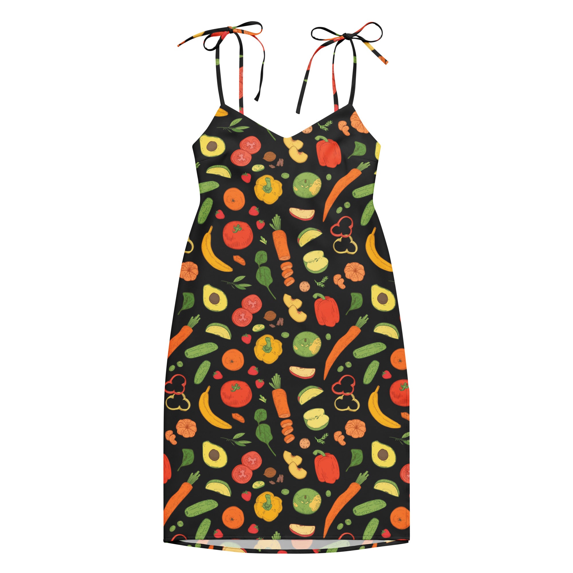 Women’s black spaghetti strap midi slip dress with vibrant cartoon vegetable and fruit pattern and adjustable tie straps