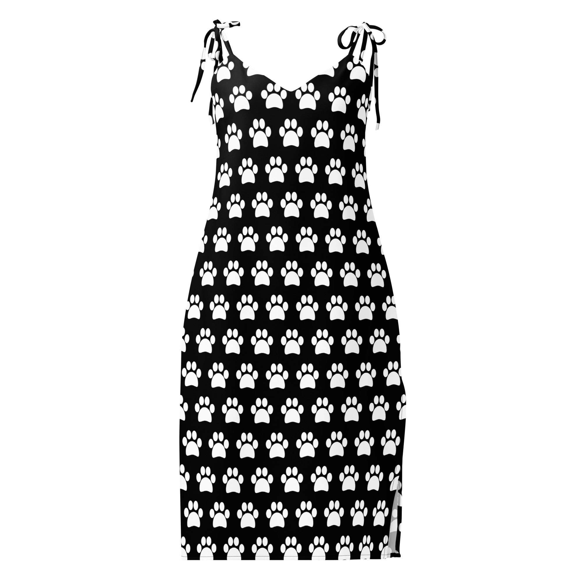 Women’s black and white paw print midi slip dress with adjustable tie straps and built-in bra in lightweight fabric