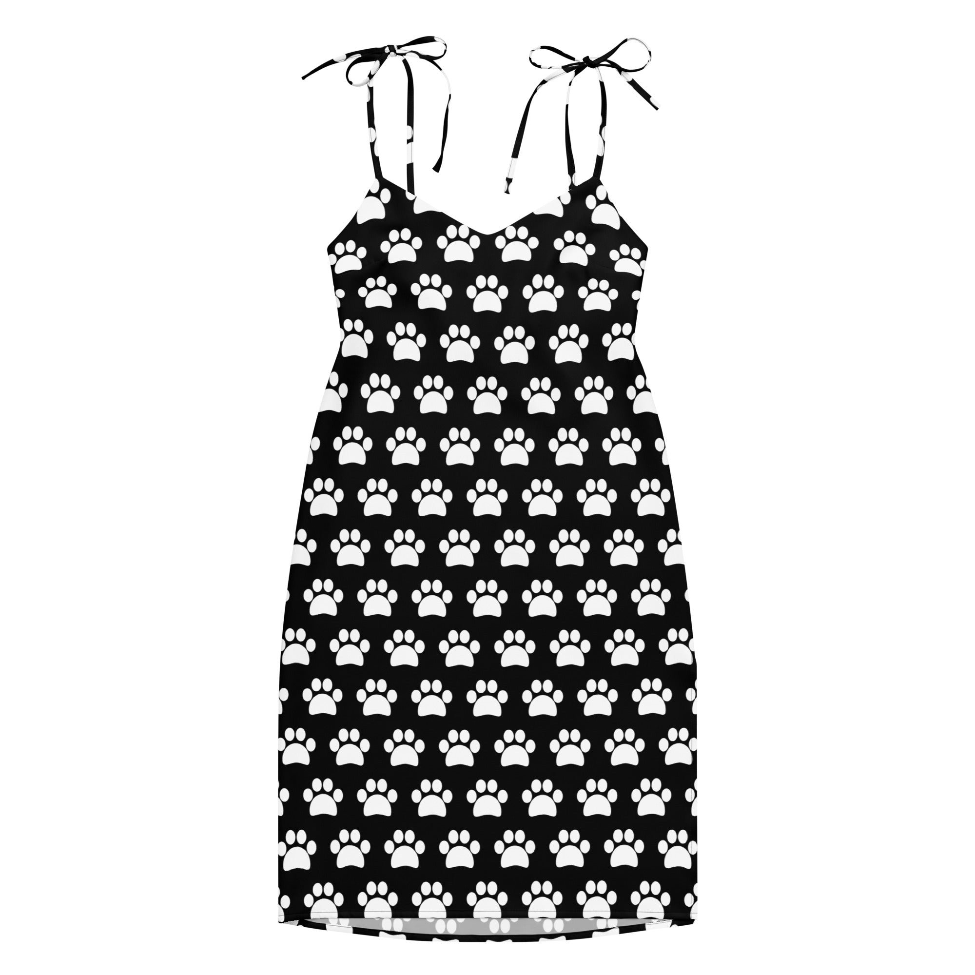 Women’s black paw print slip dress midi with adjustable tie straps and built in bra in halter style