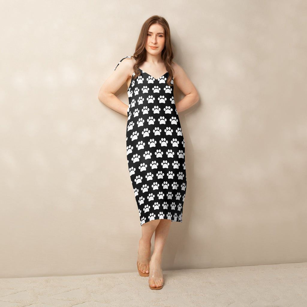 Women’s black paw print slip midi dress with adjustable tie straps and built in bra in black and white pattern