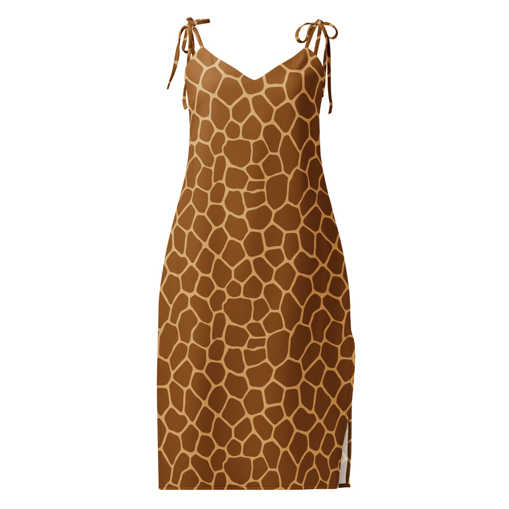Women’s midi giraffe print slip dress in brown and beige with adjustable tied shoulder straps and built in bra