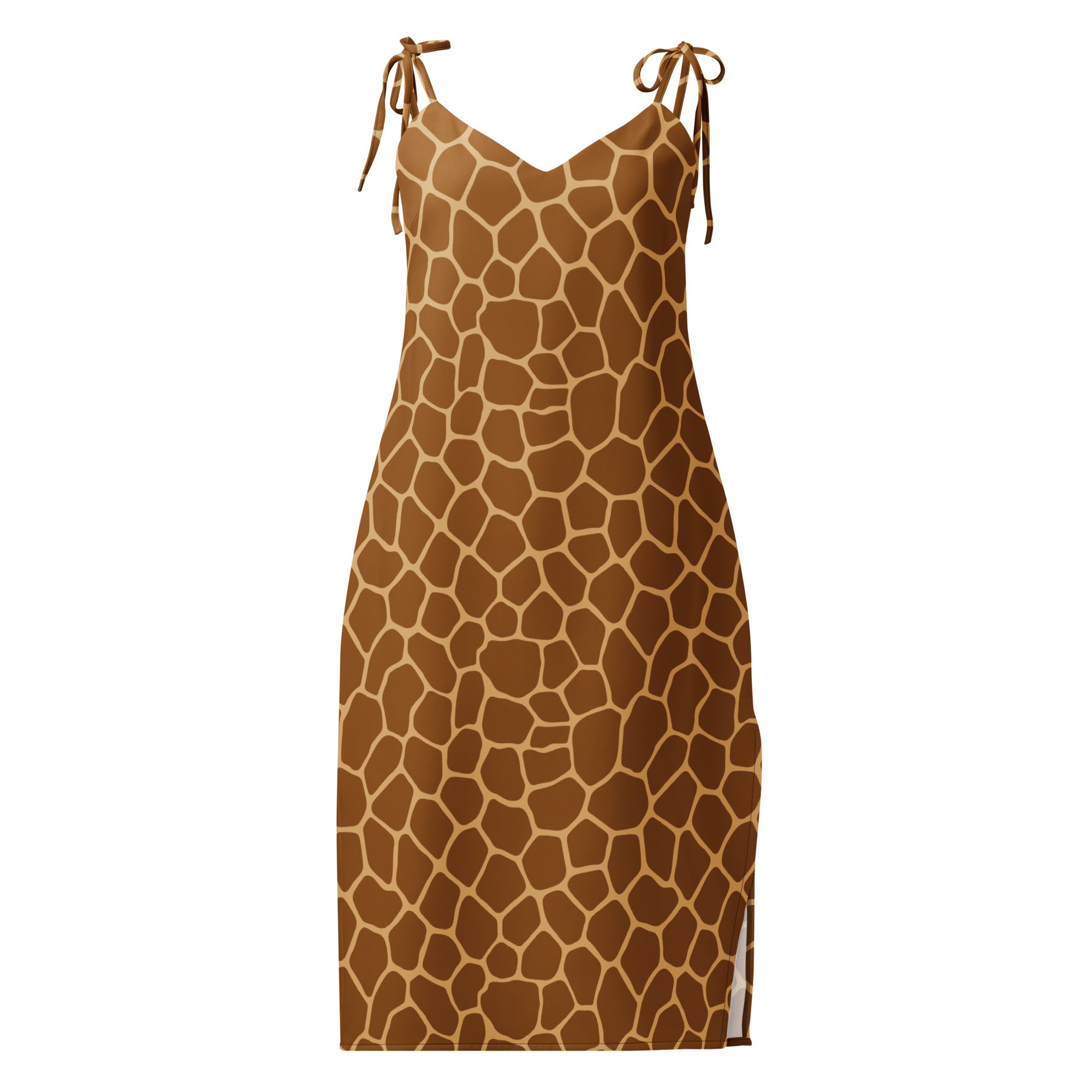 Women’s midi giraffe print slip dress in brown and beige with adjustable tied shoulder straps and built in bra