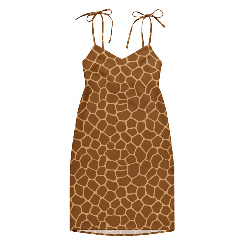 Brown giraffe print midi slip dress with adjustable tied shoulder straps and built in bra for women