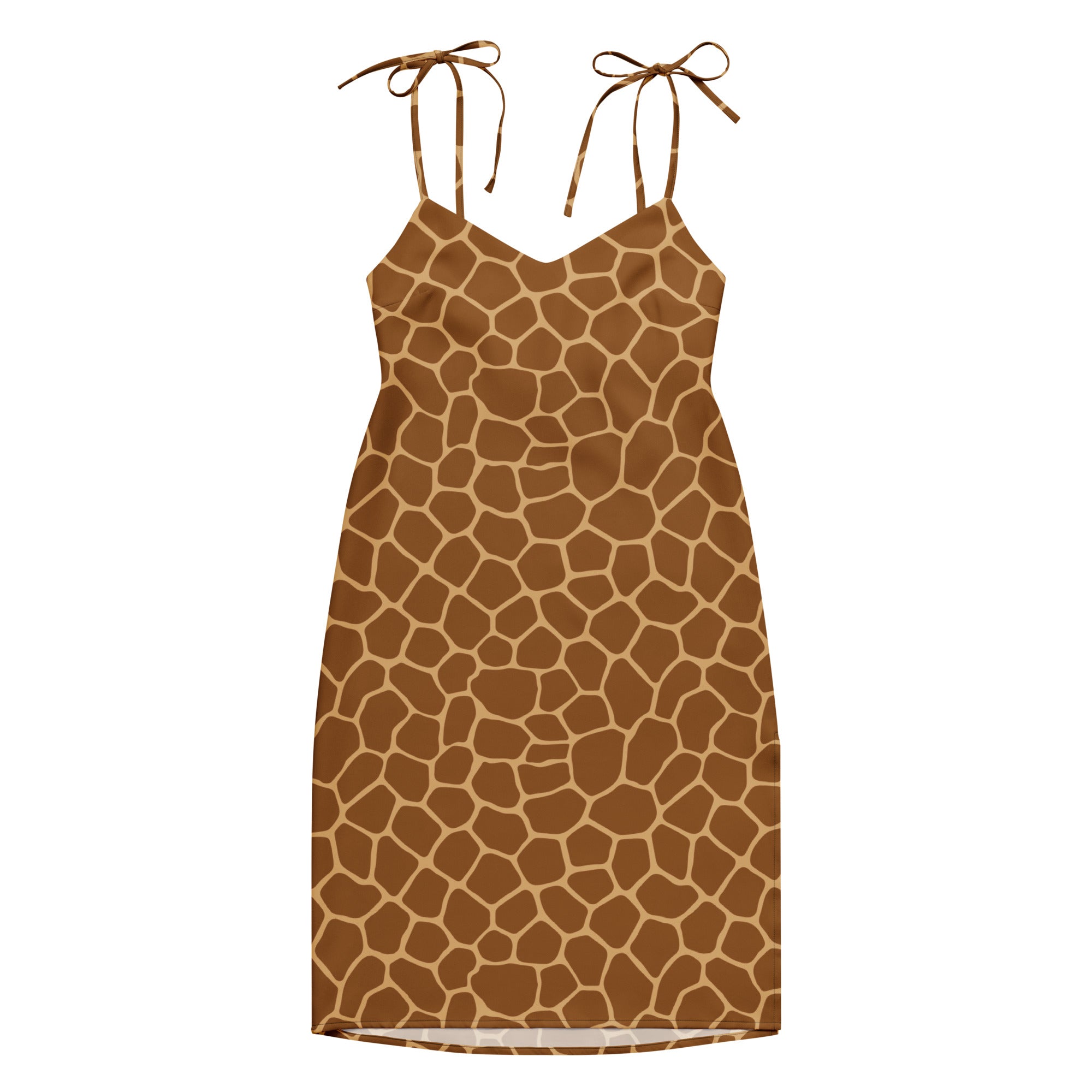 Brown giraffe print midi slip dress with adjustable tied shoulder straps and built in bra for women