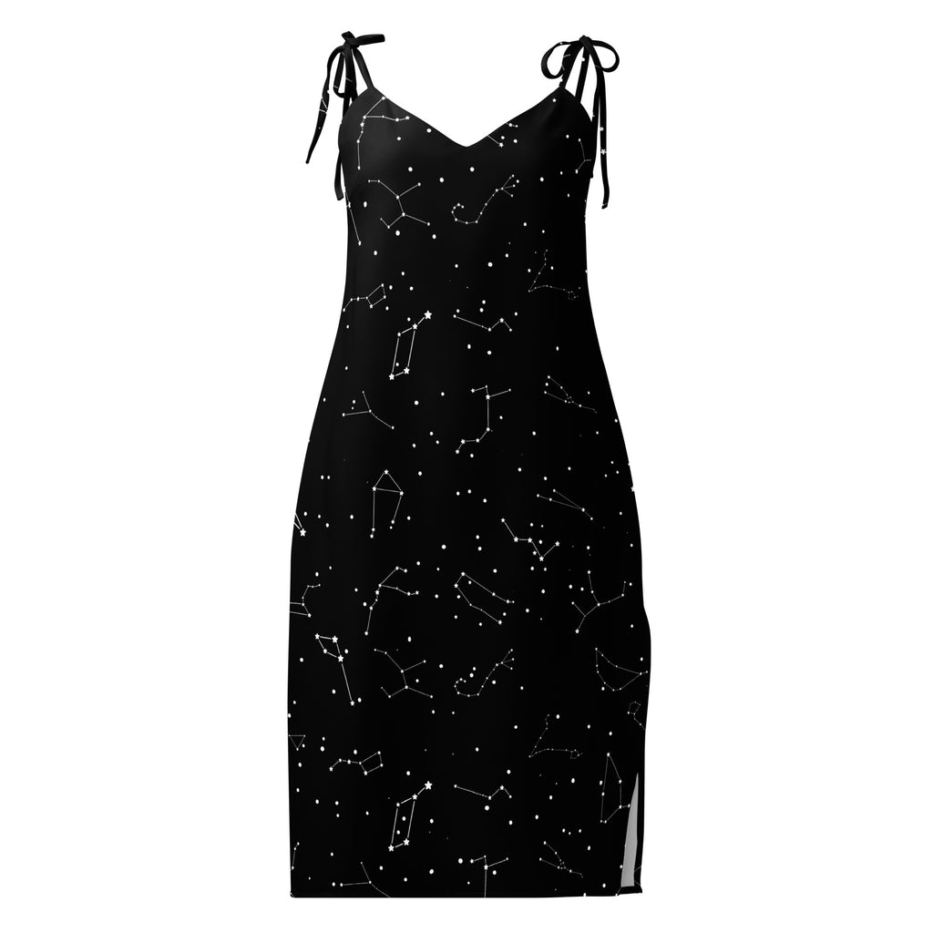 Women’s black celestial slip dress with white constellation patterns midi length adjustable tie straps and built in bra