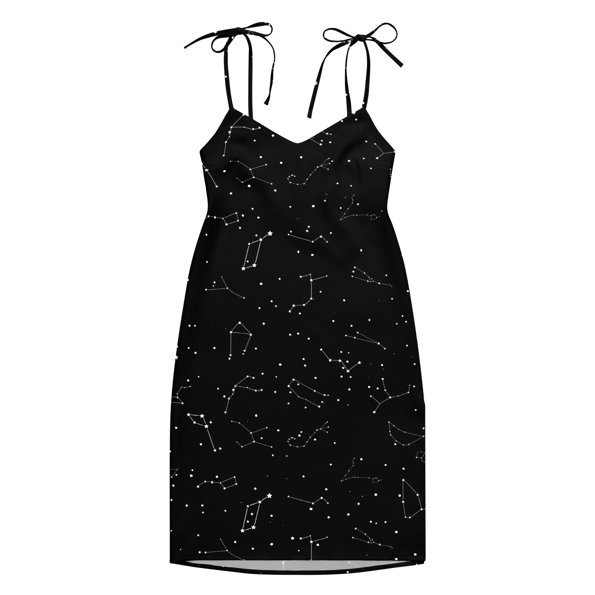 Women’s black star map print slip dress with adjustable tie straps and built in bra midi dress front view