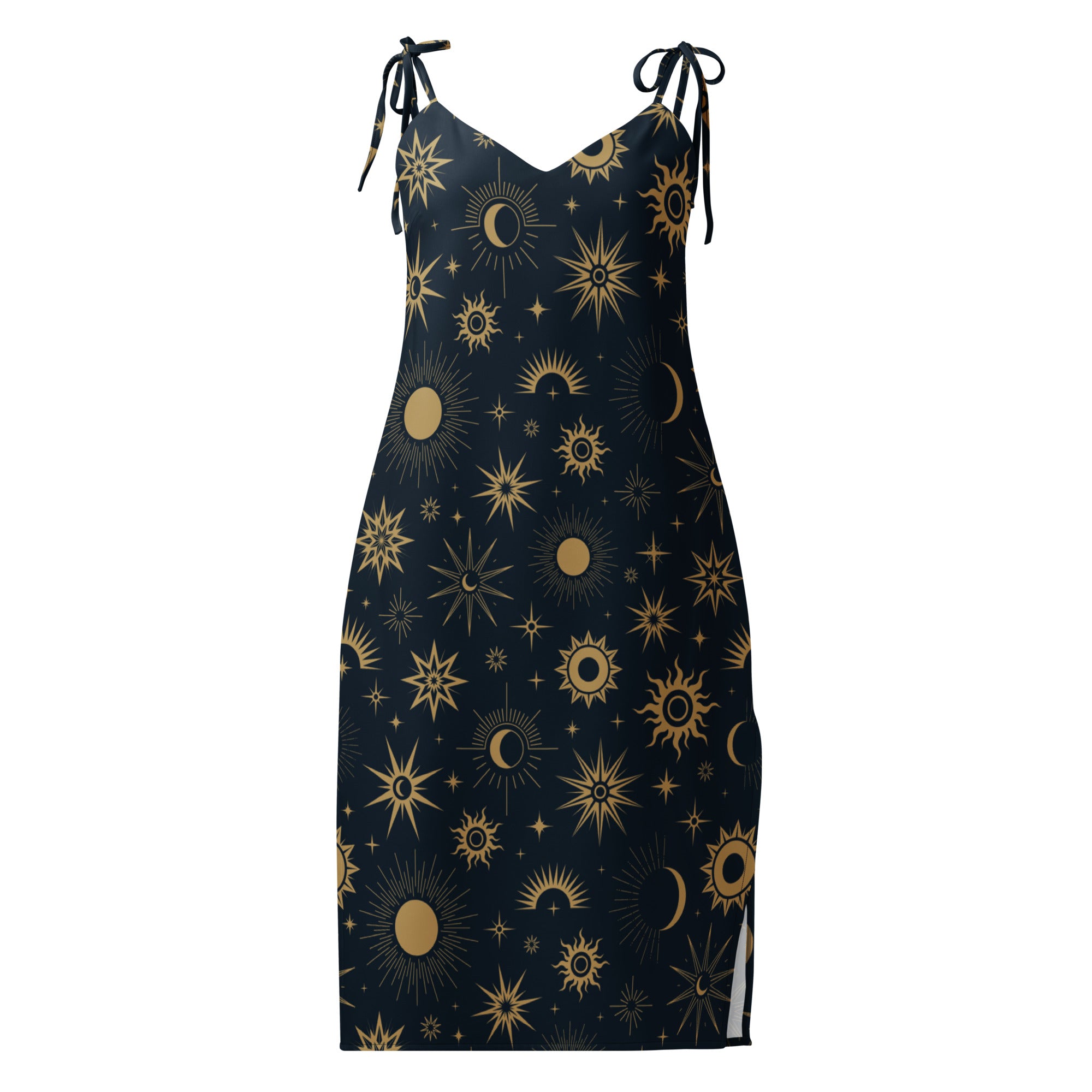 Women's Celestial Sun & Moon Slip Dress - Midi Dress With Adjustable Tie Straps & Built In Bra 