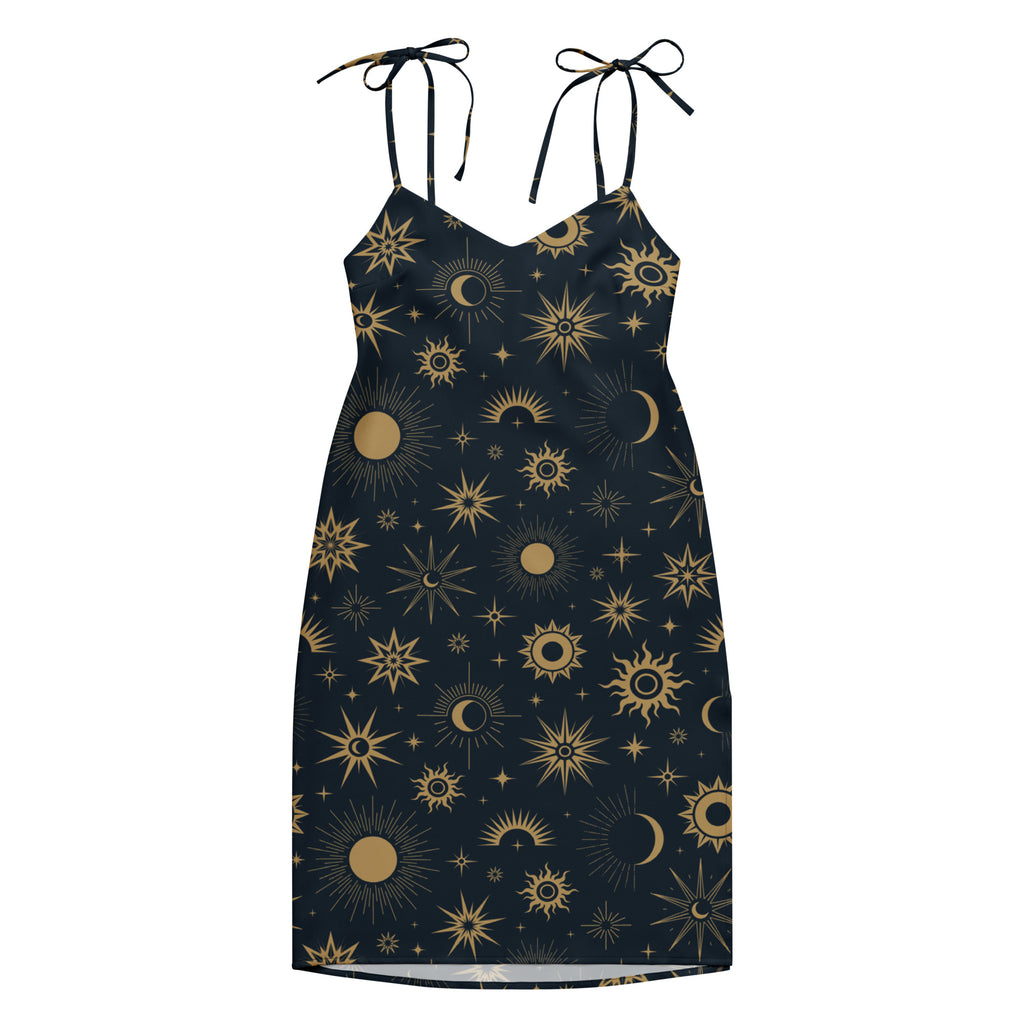 Women's Celestial Sun & Moon Slip Dress - Midi Dress With Adjustable Tie Straps & Built In Bra 