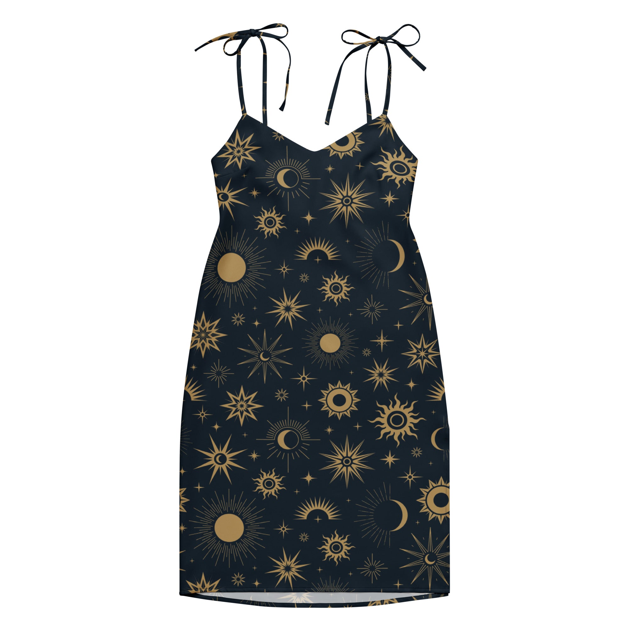 Women's Celestial Sun & Moon Slip Dress - Midi Dress With Adjustable Tie Straps & Built In Bra 
