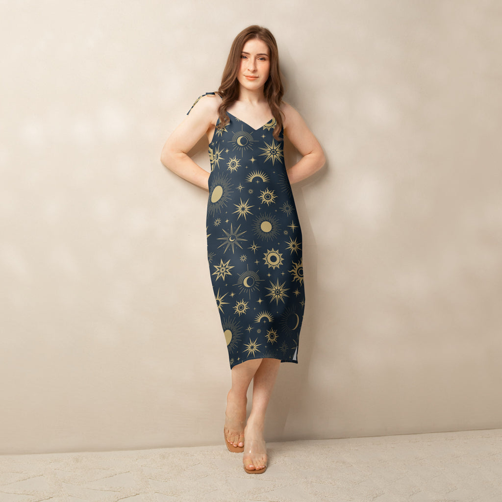 Women's Celestial Sun & Moon Slip Dress - Midi Dress With Adjustable Tie Straps & Built In Bra 