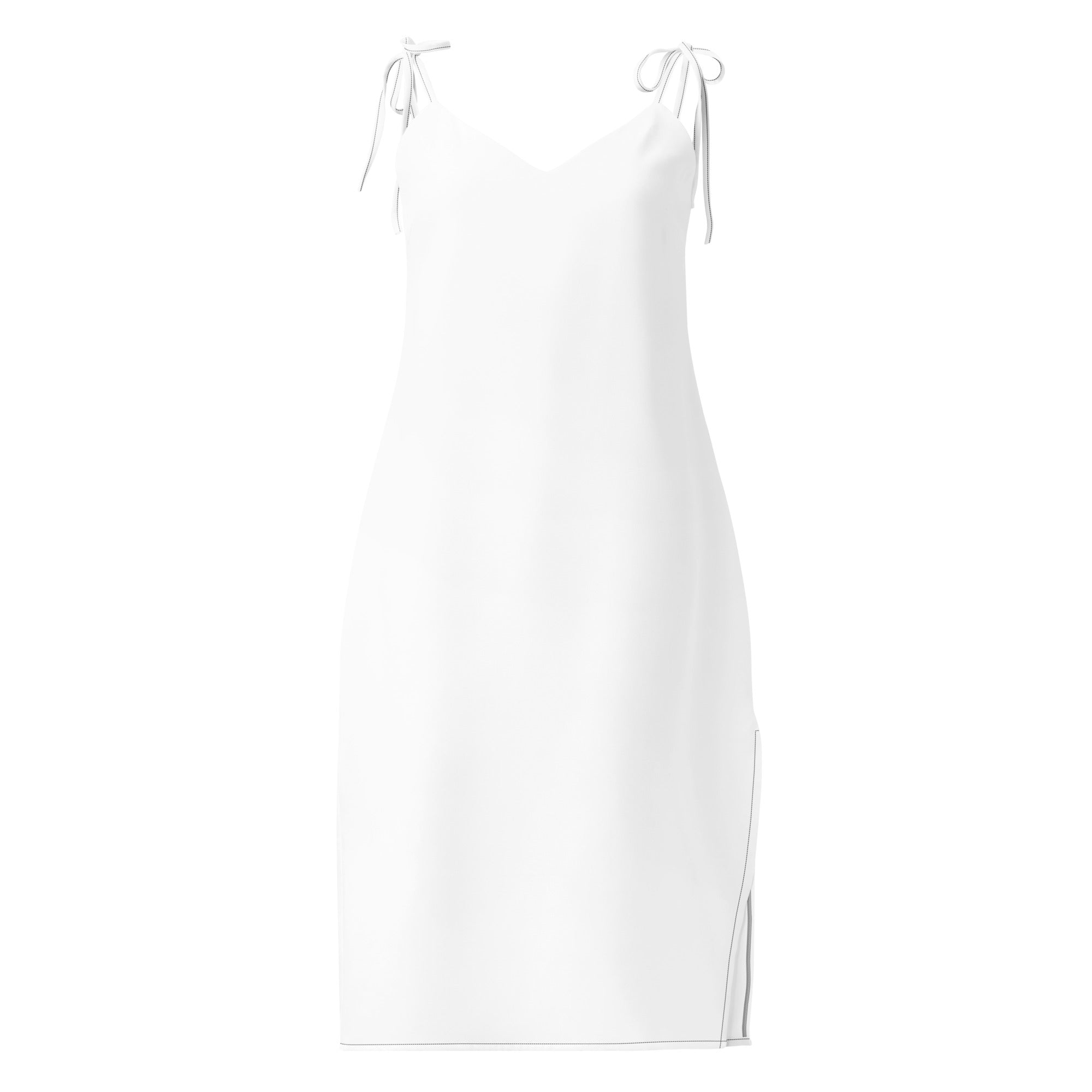A sleek white satin midi slip dress with delicate adjustable tie straps side slit and built in bra