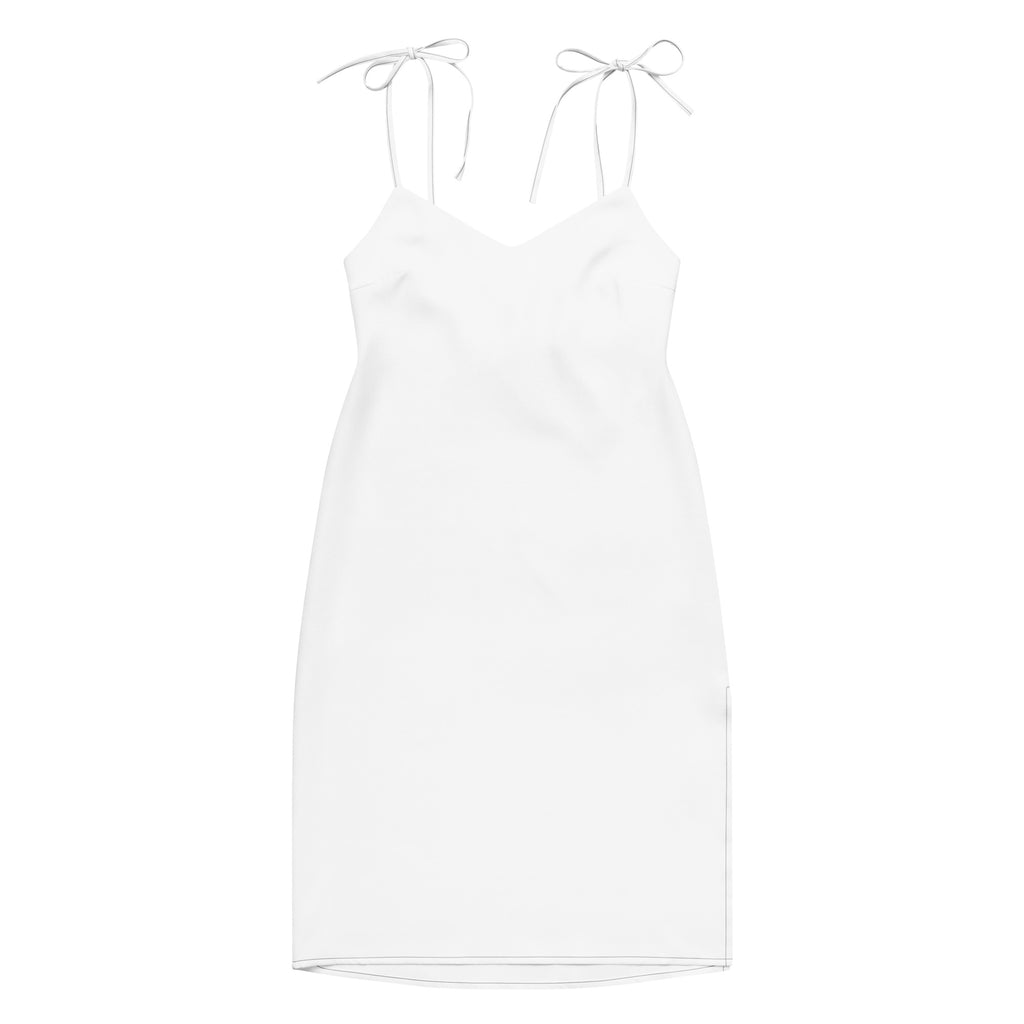 Women’s white satin slip dress midi with adjustable delicate tie-back straps and built-in bra shown from the back