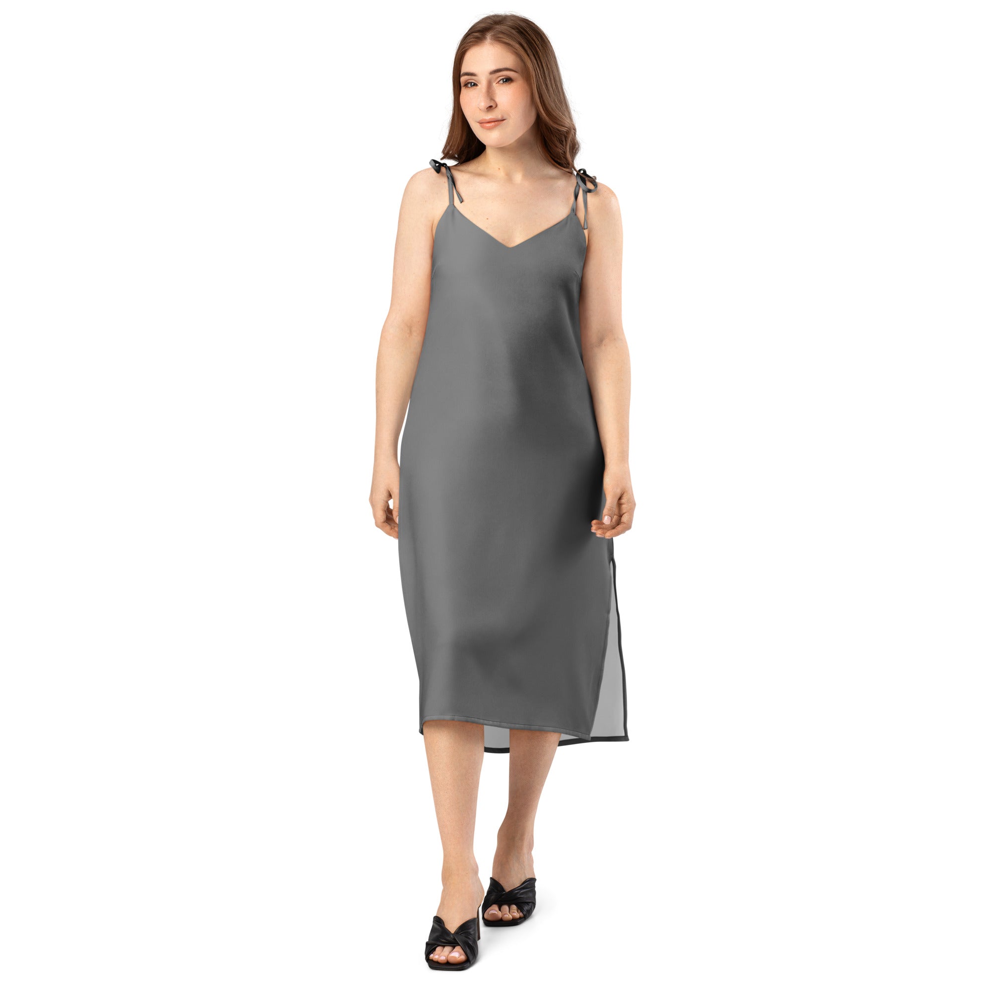 Women's Gray Slip Dress - Midi Dress With Adjustable Tie Straps & Built In Bra 