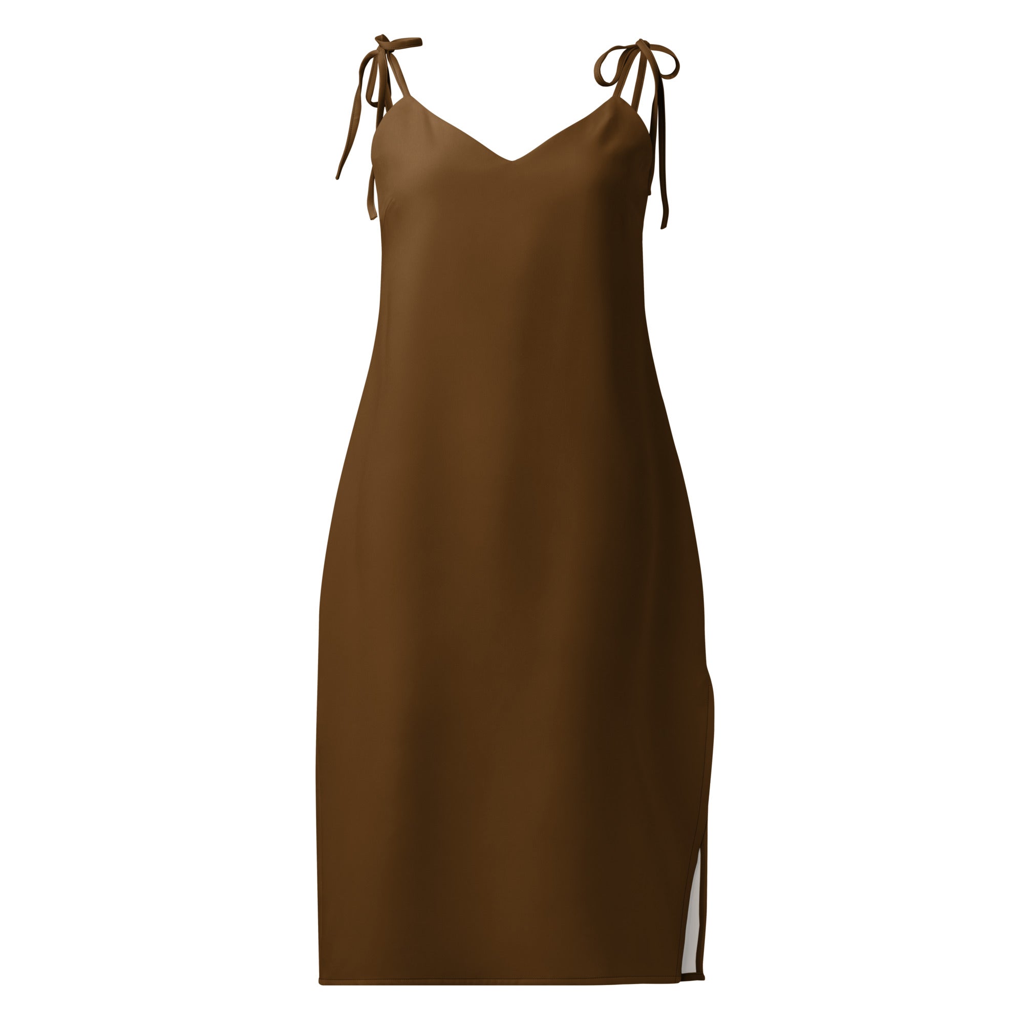 Women's brown Bouvelle slip dress with adjustable tie straps and built-in bra, midi length