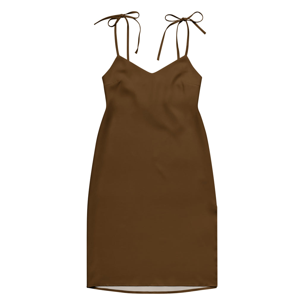 Bouvelle women's brown slip dress, midi length with adjustable tie straps and built-in bra.