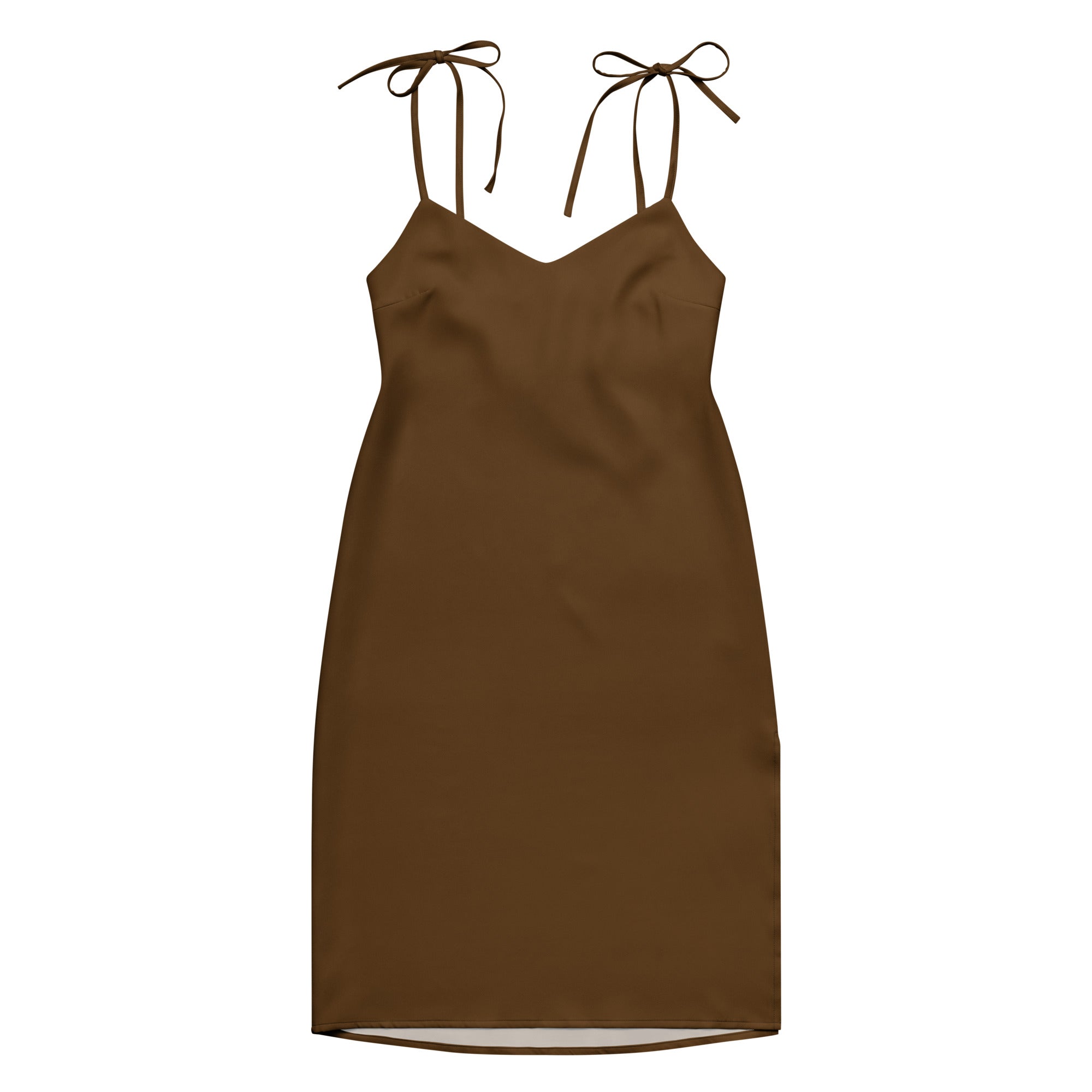 Bouvelle women's brown slip dress, midi length with adjustable tie straps and built-in bra.