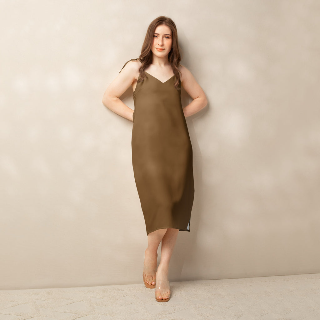 Bouvelle women's brown midi slip dress with adjustable tie straps and built-in bra