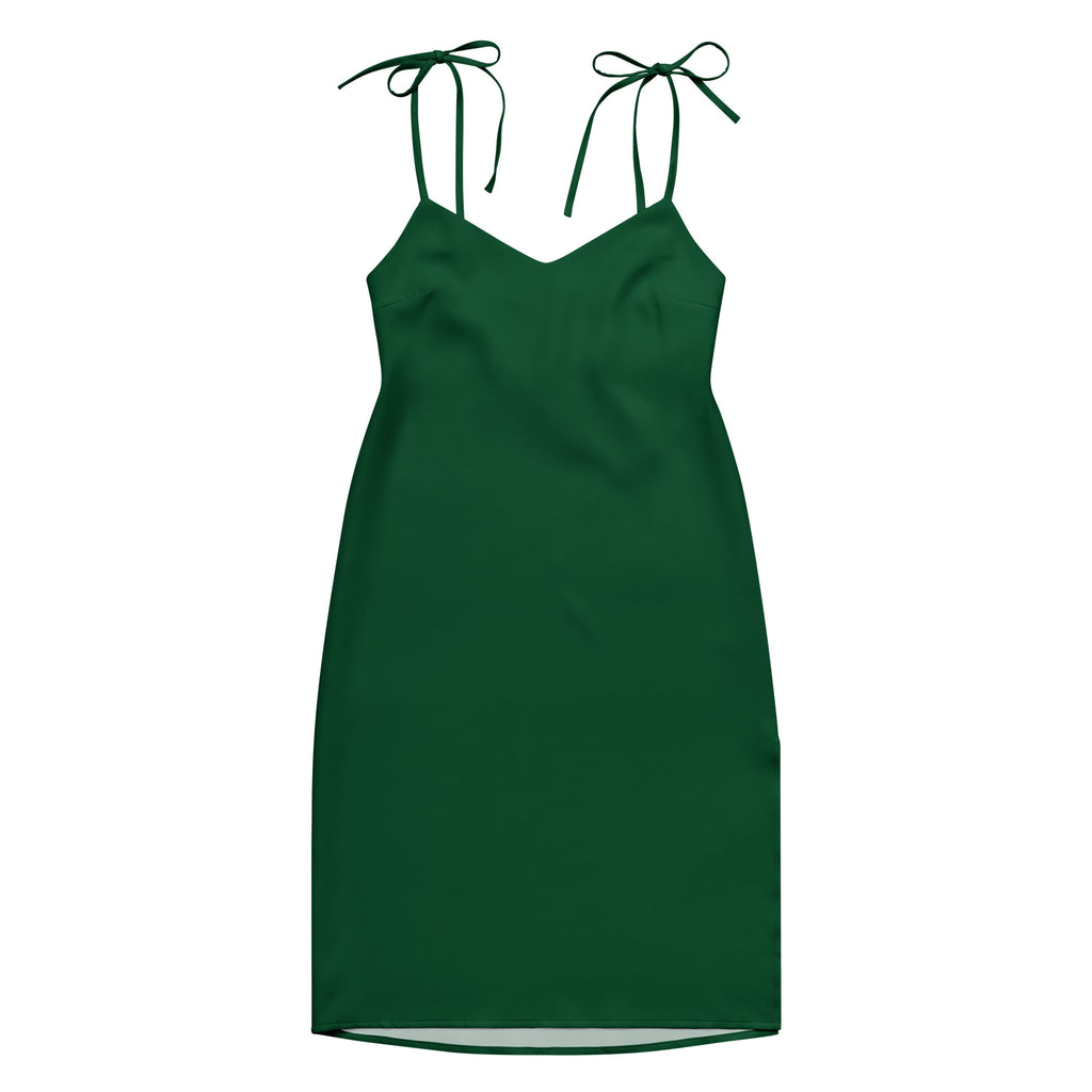 Women's dark green Bouvelle slip dress, midi length with adjustable tie straps and built-in bra