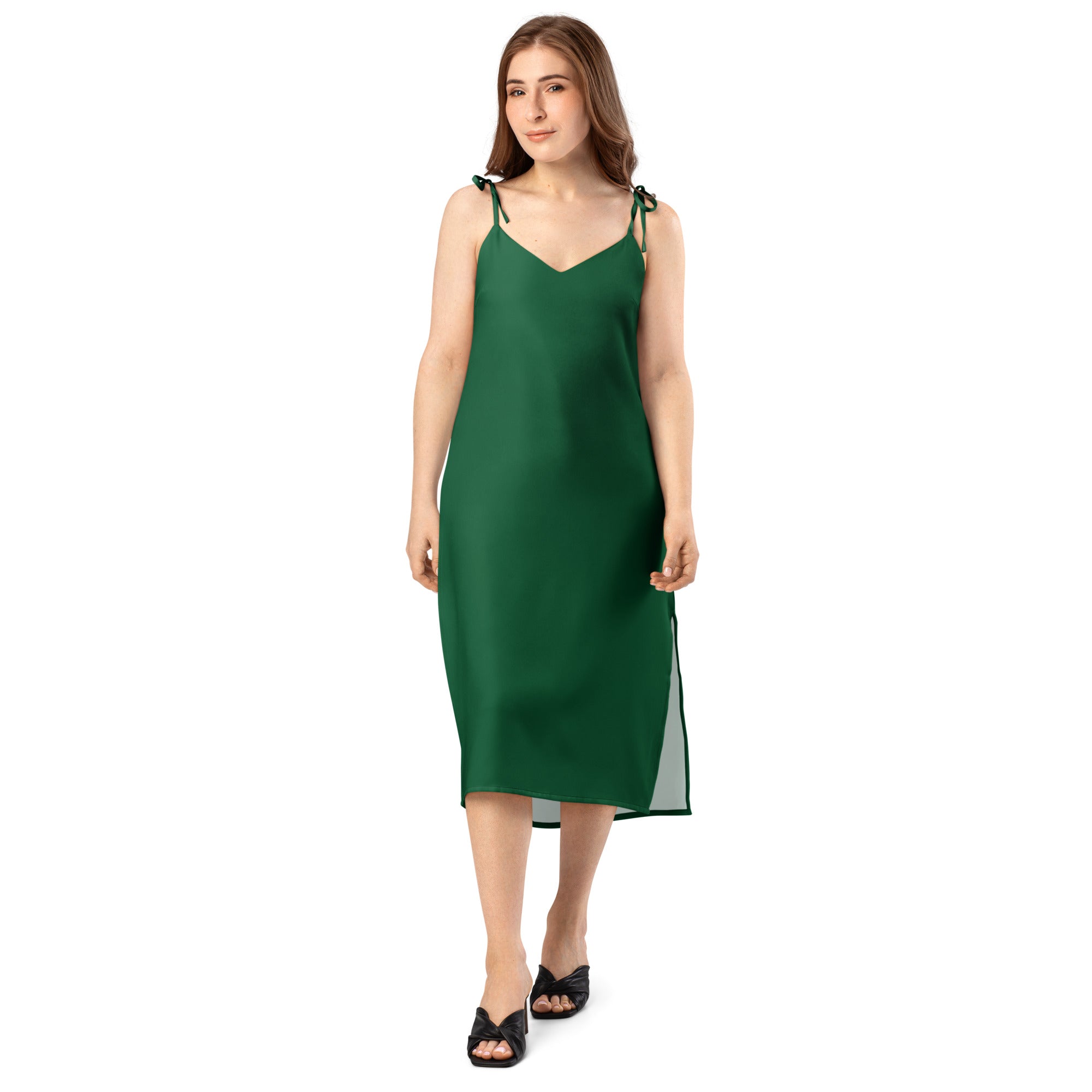 Women's Bouvelle dark green slip dress with adjustable tie straps and built-in bra, midi-length silhouette.