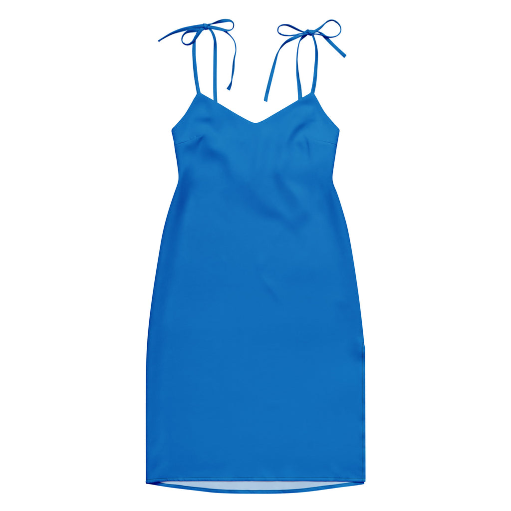 Women's Bouvelle blue slip dress with adjustable tie straps and built-in bra, midi length