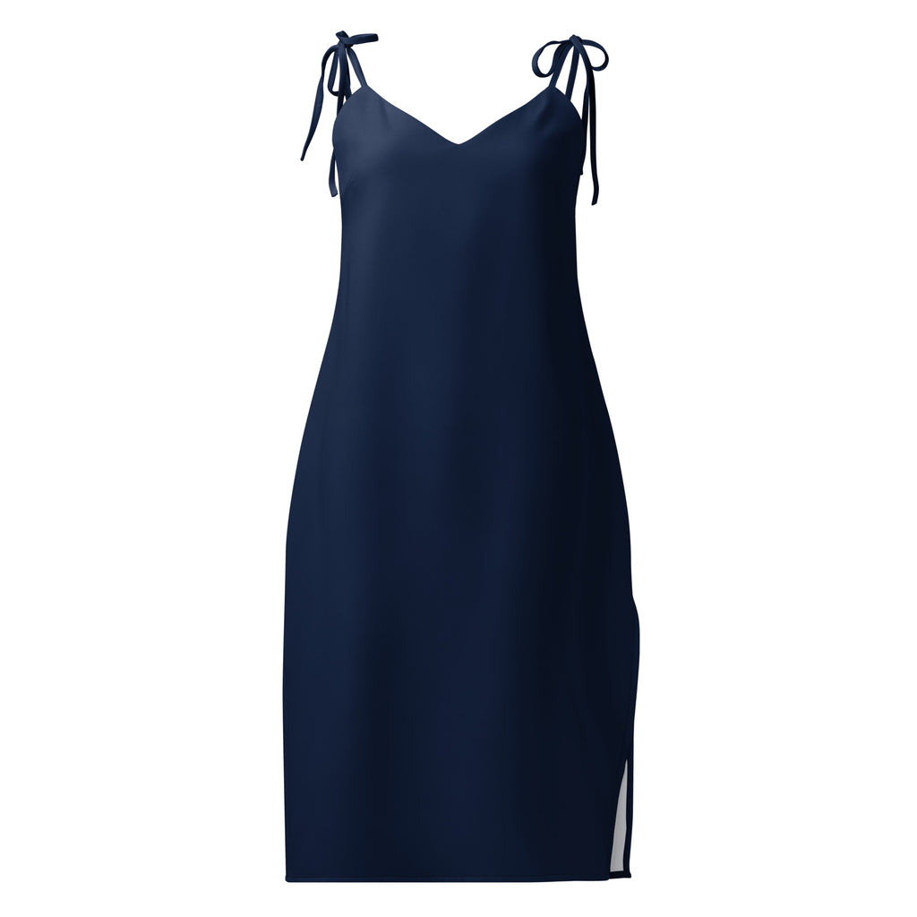 Bouvelle women's navy blue slip dress, midi length with adjustable tie straps and built-in bra.