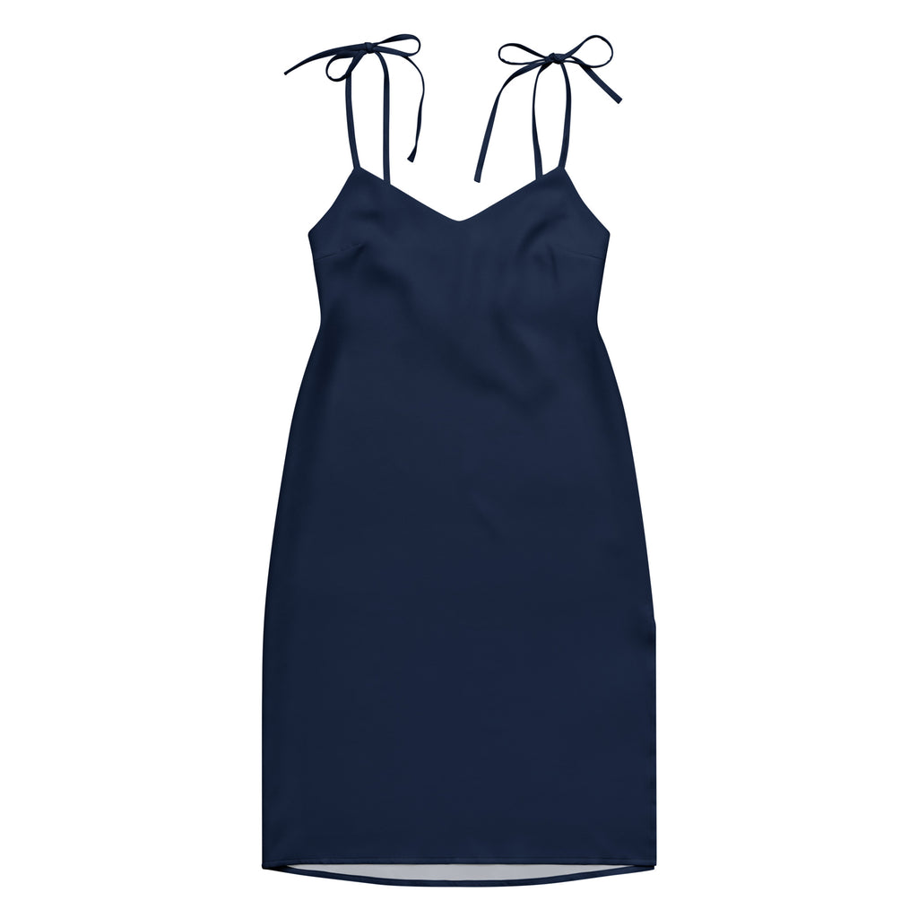 Bouvelle women's navy blue slip dress, midi length with adjustable tie straps and built-in bra.