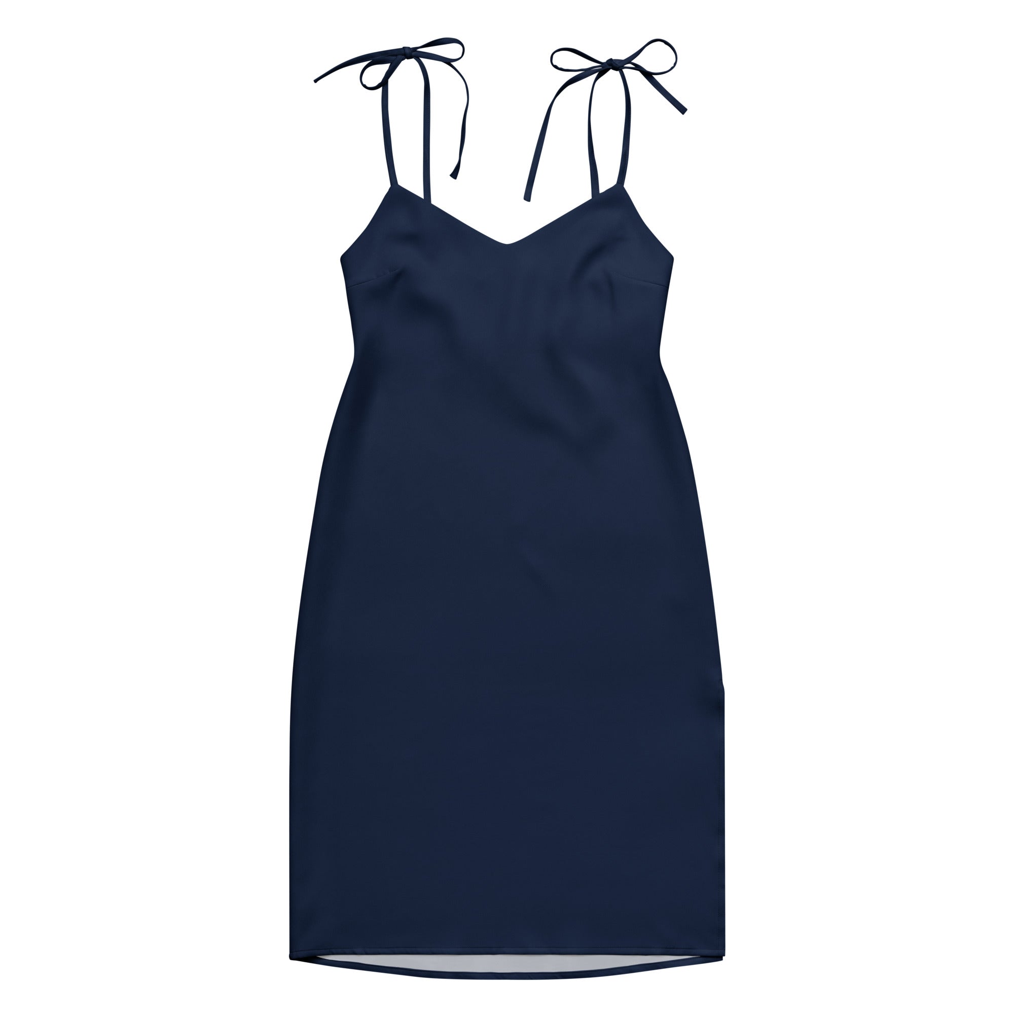 Bouvelle women's navy blue slip dress, midi length with adjustable tie straps and built-in bra.