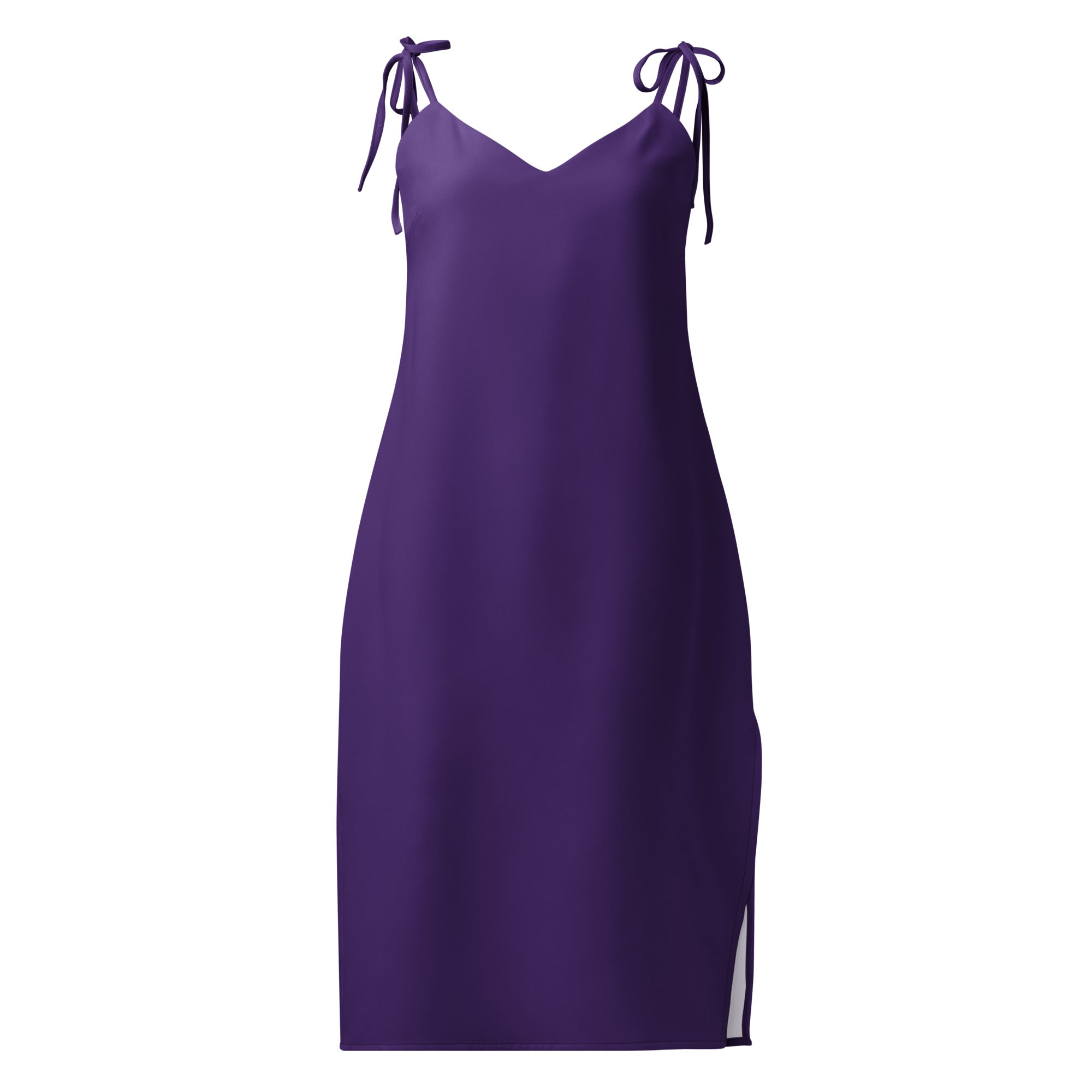 Purple slip dress with thin straps on a white background