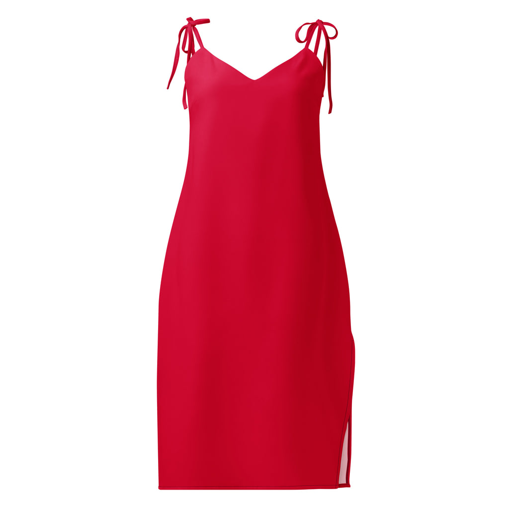 Red slip dress with thin straps on a white background