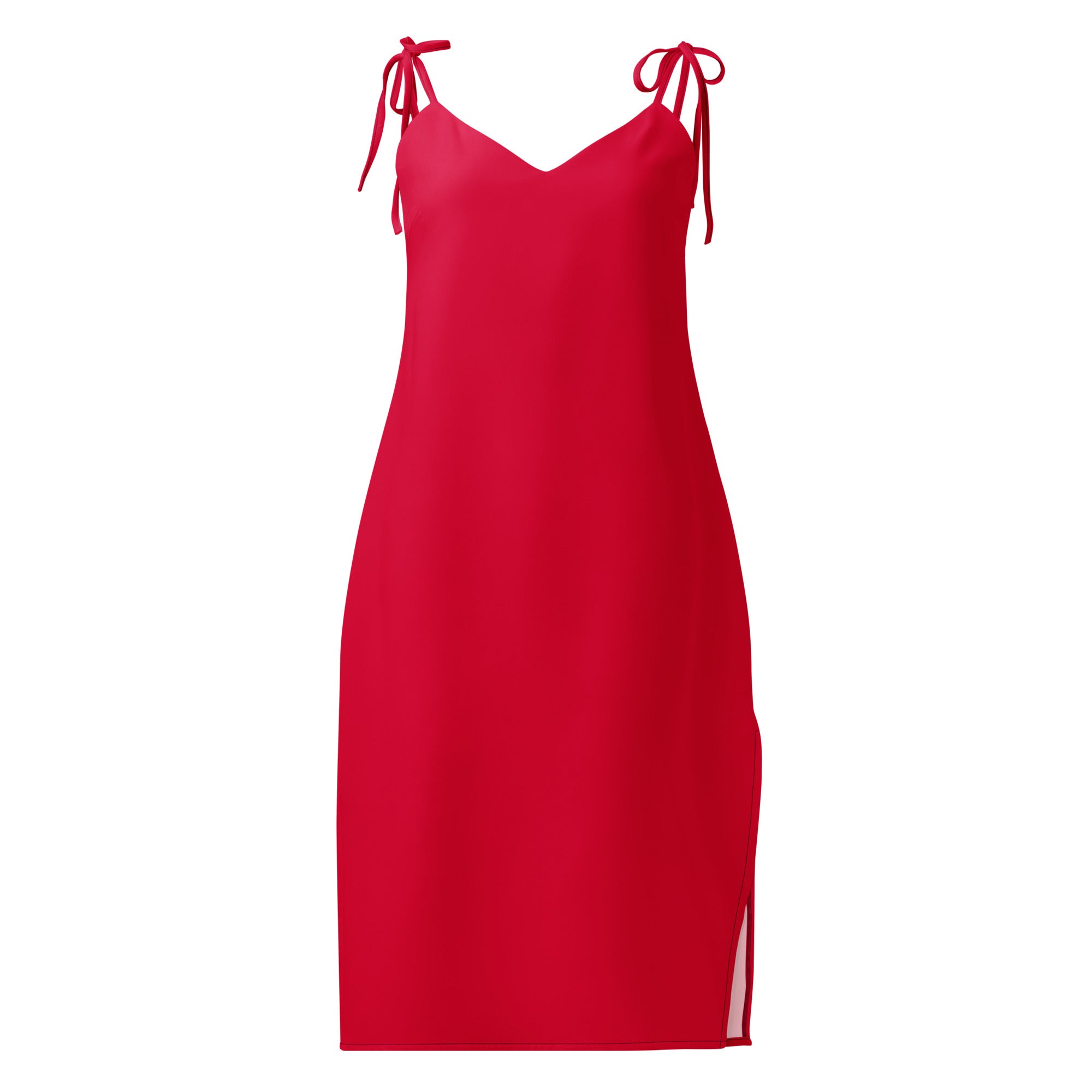 Red slip dress with thin straps on a white background