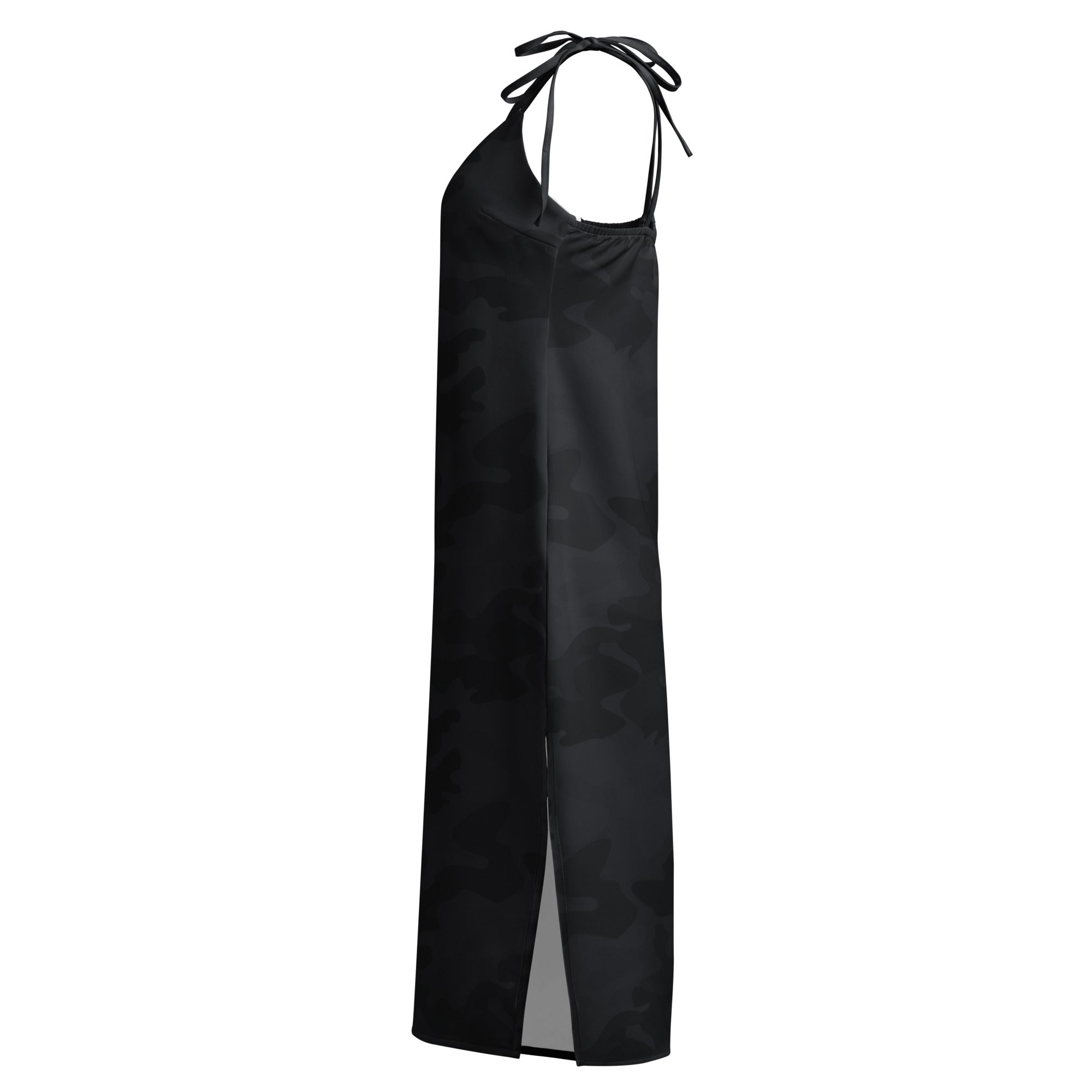 Women’s black satin halter midi dress with side slit and adjustable tie-back straps with built-in bra