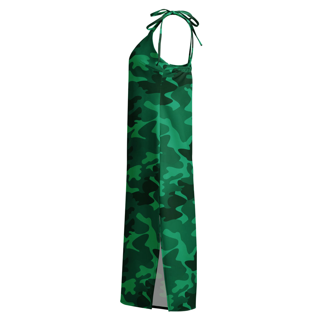 Women’s green camouflage slip midi dress with halter neck side slit and adjustable tie-back straps shown from back