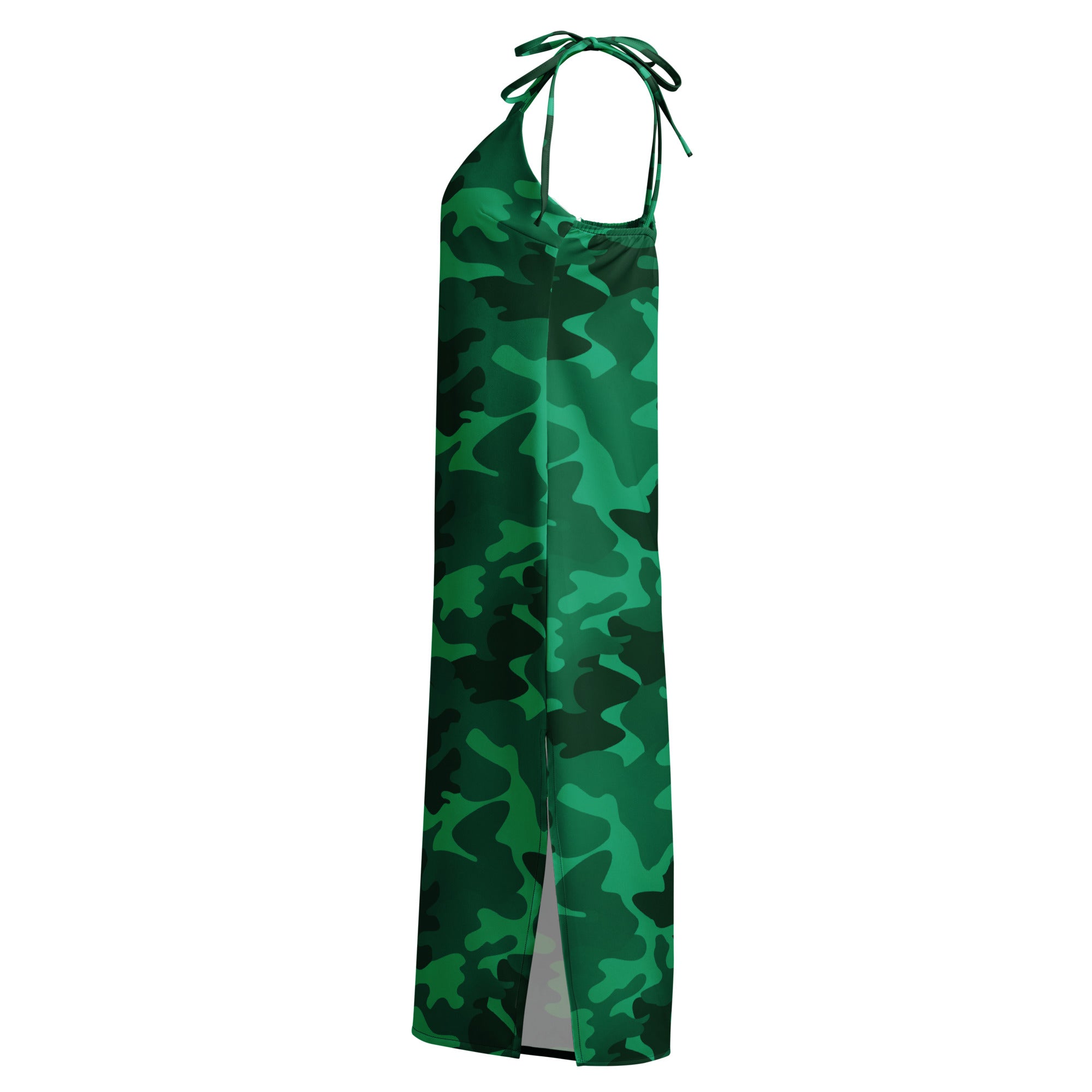 Women’s green camouflage slip midi dress with halter neck side slit and adjustable tie-back straps shown from back
