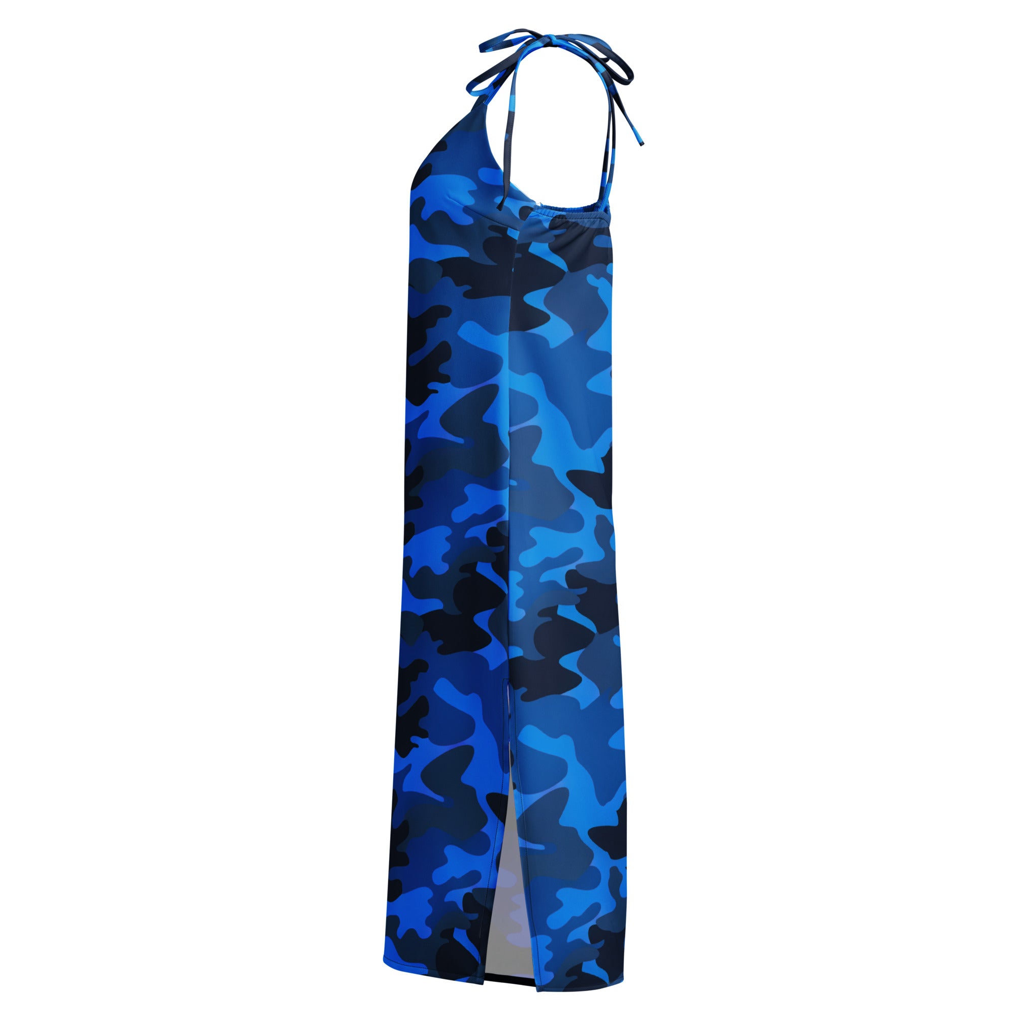 Women’s blue and black camouflage halter-neck maxi dress with side slit and adjustable tie straps with built in bra