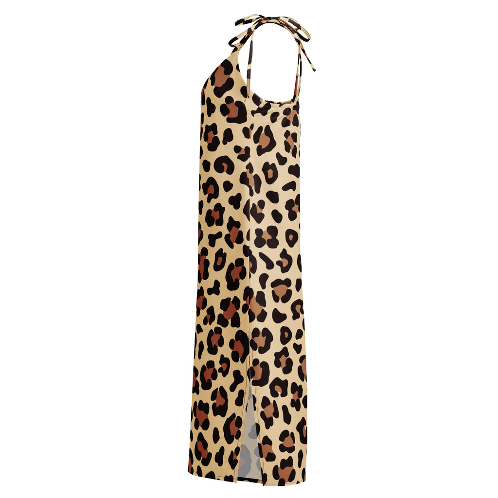 Beige leopard print halter maxi dress with adjustable tie back straps and built in bra shown from back side