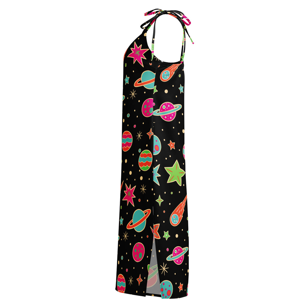Women’s retro neon space slip dress midi black halter-neck maxi with vibrant cosmic pattern and adjustable tie straps