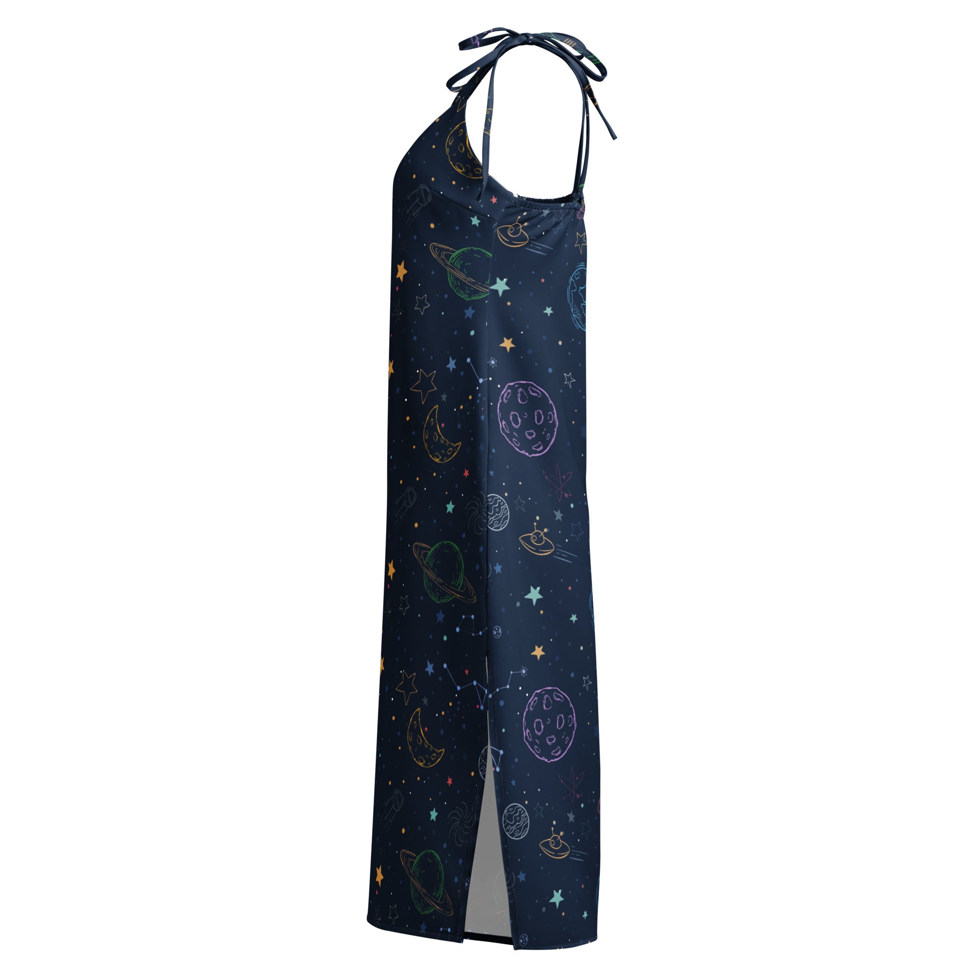 Dark blue dress with space-themed pattern on a white background