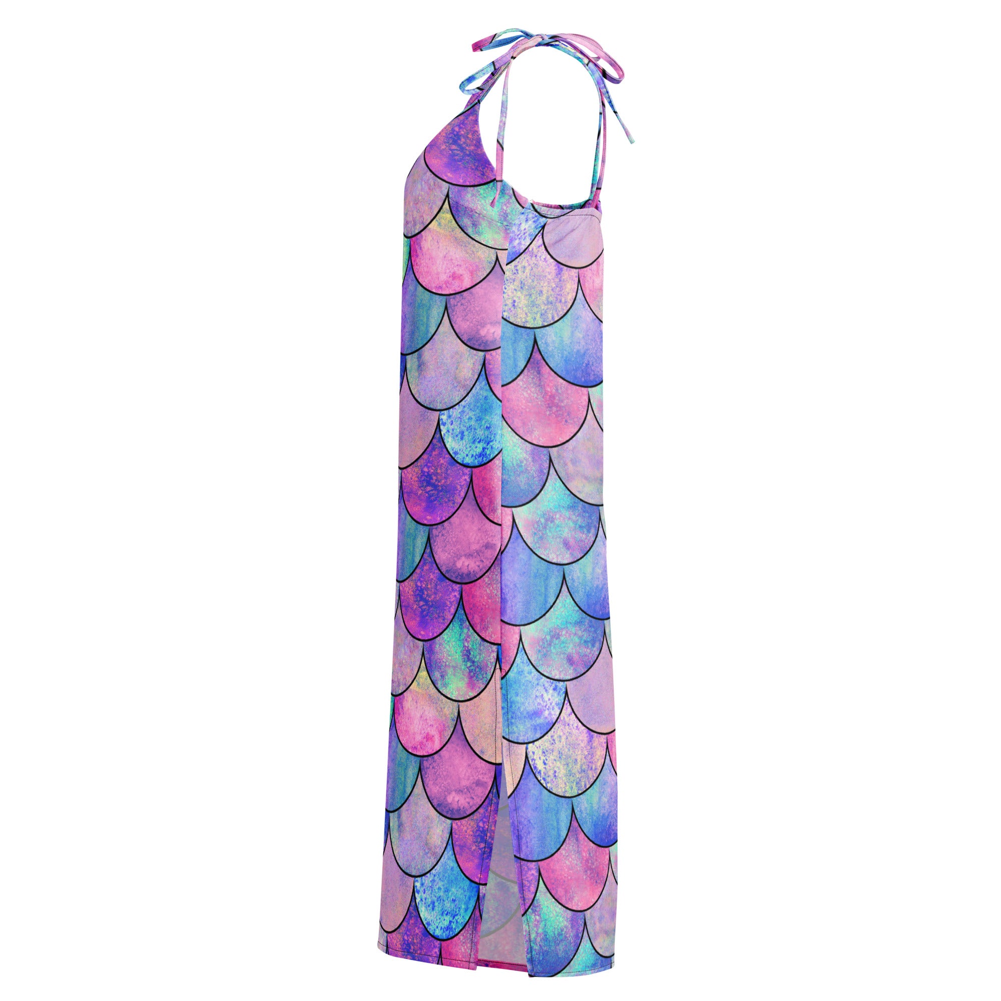 Women’s pastel mermaid slip maxi dress with adjustable tie straps and vibrant pink purple blue scale pattern