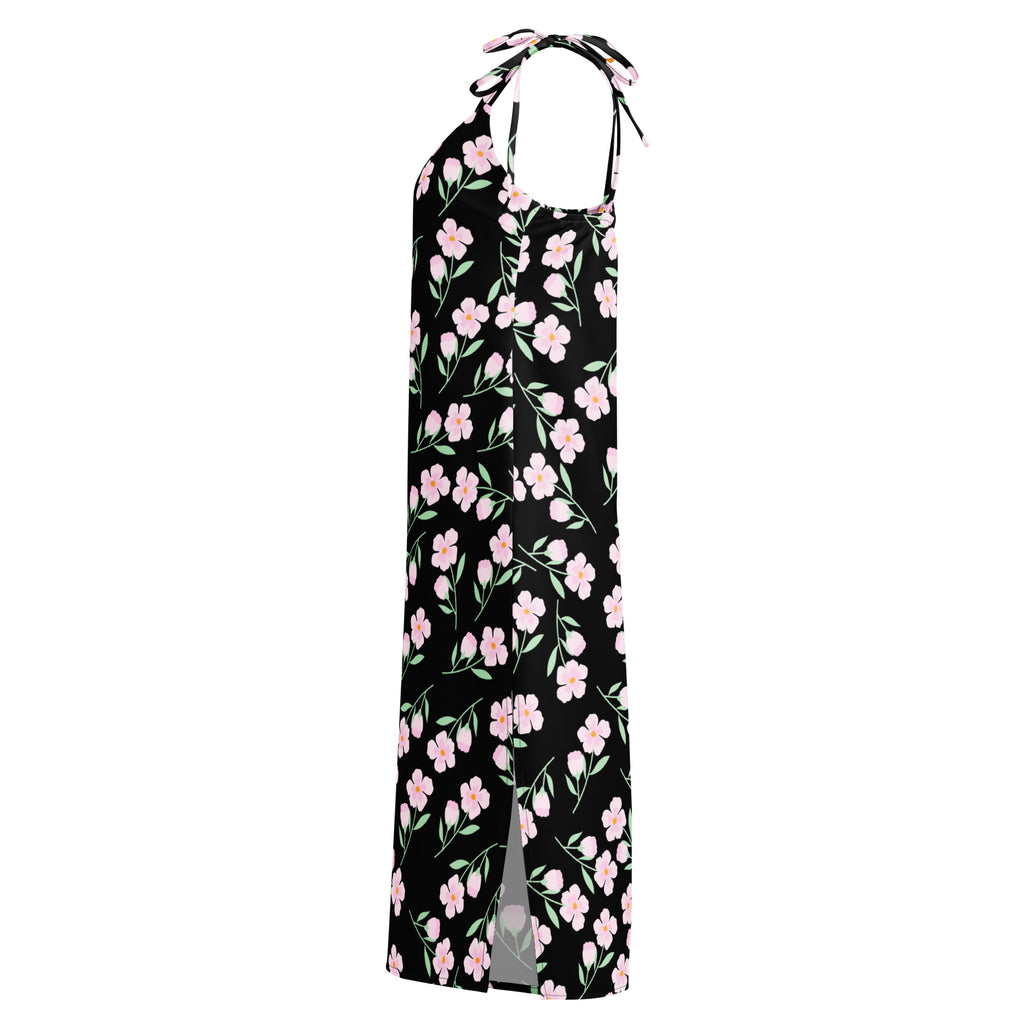 Women’s black floral slip dress midi with delicate pink pattern thin halter neck straps and built in bra